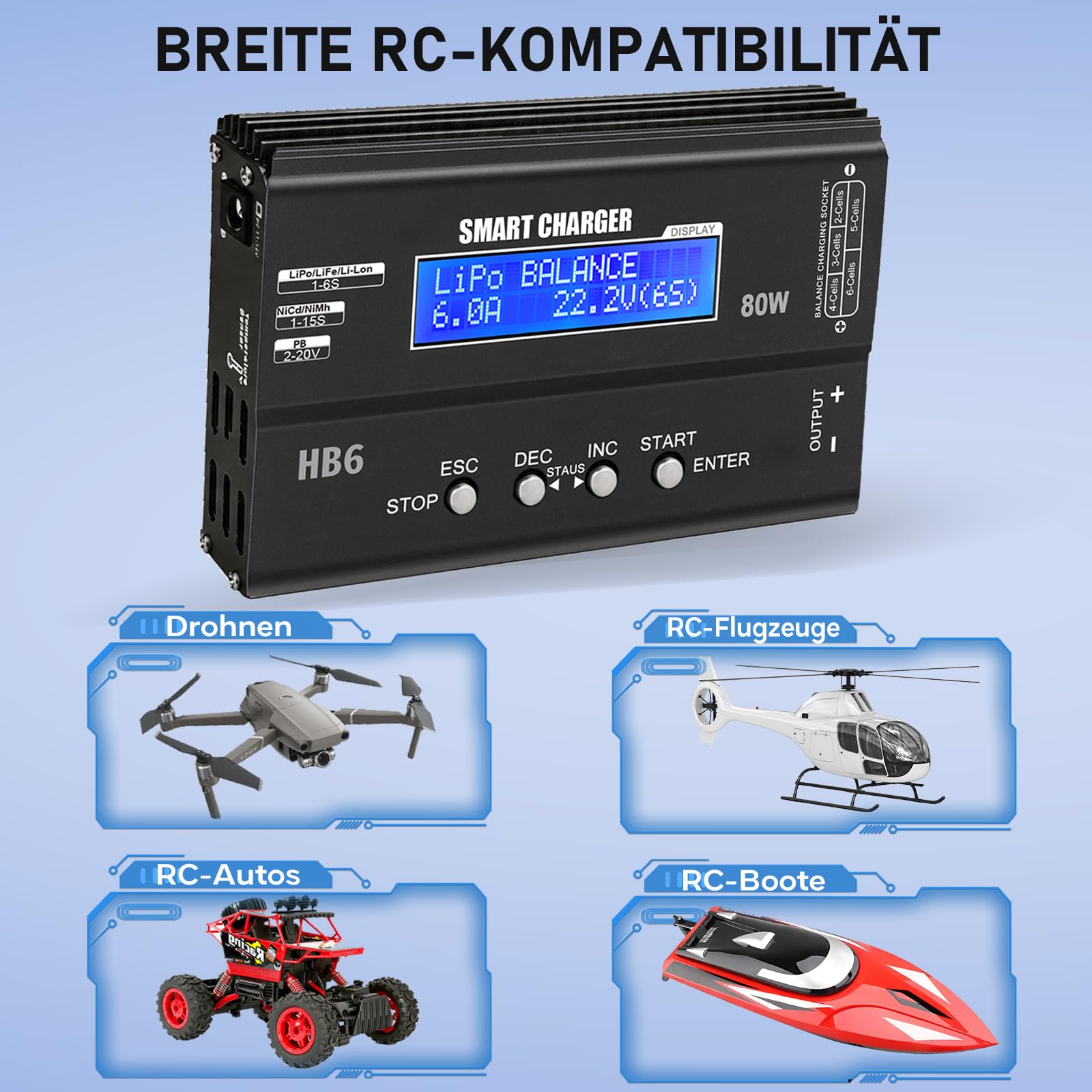 HTRC LiPo Ladegerät 80W 6A RC Akku Ladegerät mit Balancer und LED-Display | Für LiPo/Li-Ion/LiFe 1-6S, NiMH/NiCd 1-15S, Pb 2-20V; 8-in-1-Kabel für RC-Auto, Boot, Drohne, Modellbau und Airsoft-Akkus