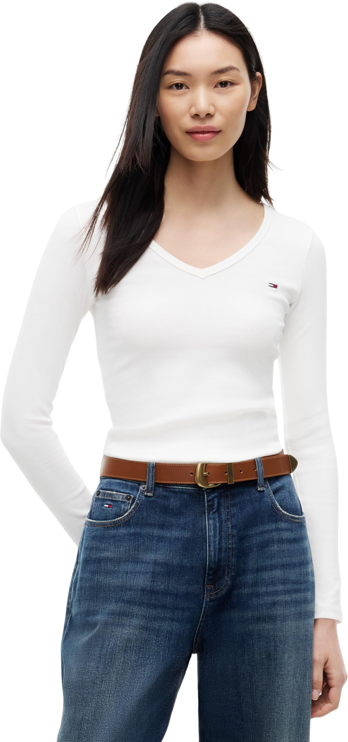 Tommy Jeans Donna Maglietta Maniche Lunghe Slim Fit Essential V-Neck Scollo a V