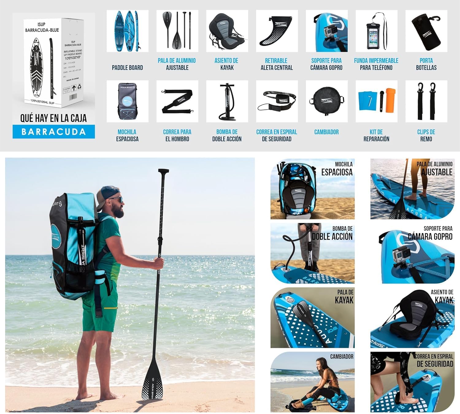 AQUA SPIRIT 320x79x15cm Sup Tabla Hinchable de Paddle Surf Kit de Conversión de Kayak con Pala Ajustable de Aluminio