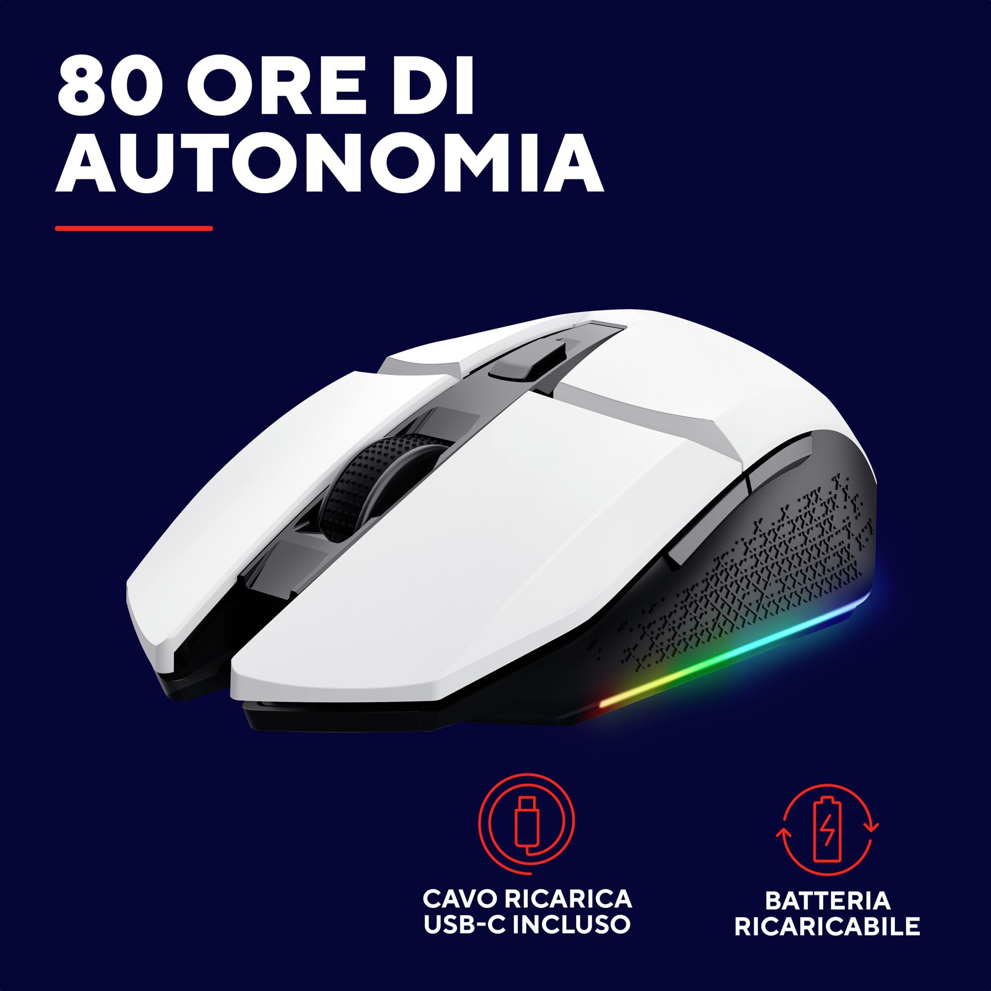 GXTrust 1108W Vylax Mouse Gaming Wireless Ricaricabile, 80 Ore di Autonomia, 800-4800 DPI, Illuminazione LED, Ricevitore USB Riponibile, 6 Pulsanti, Mouse Senza Fili RGB per Computer Laptop, Bianco
