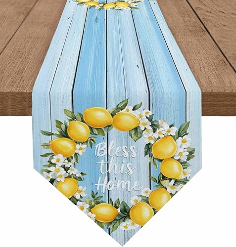 Light Blue Wood Grain Lemon Farm Flower Cotton Linen Table Runner Burlap Table R