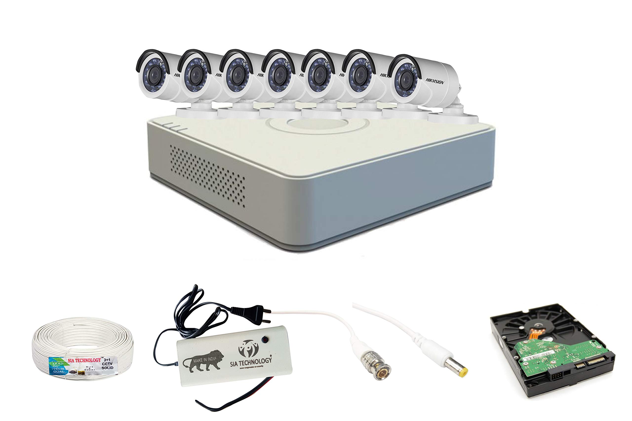 SIA TECHNOLOGY Hikvision Wireless 8 Ch HD DVR and 7 Bullet Camera HD Combo Kit - Include All Require Accessories for 7 Camera Installation (White)