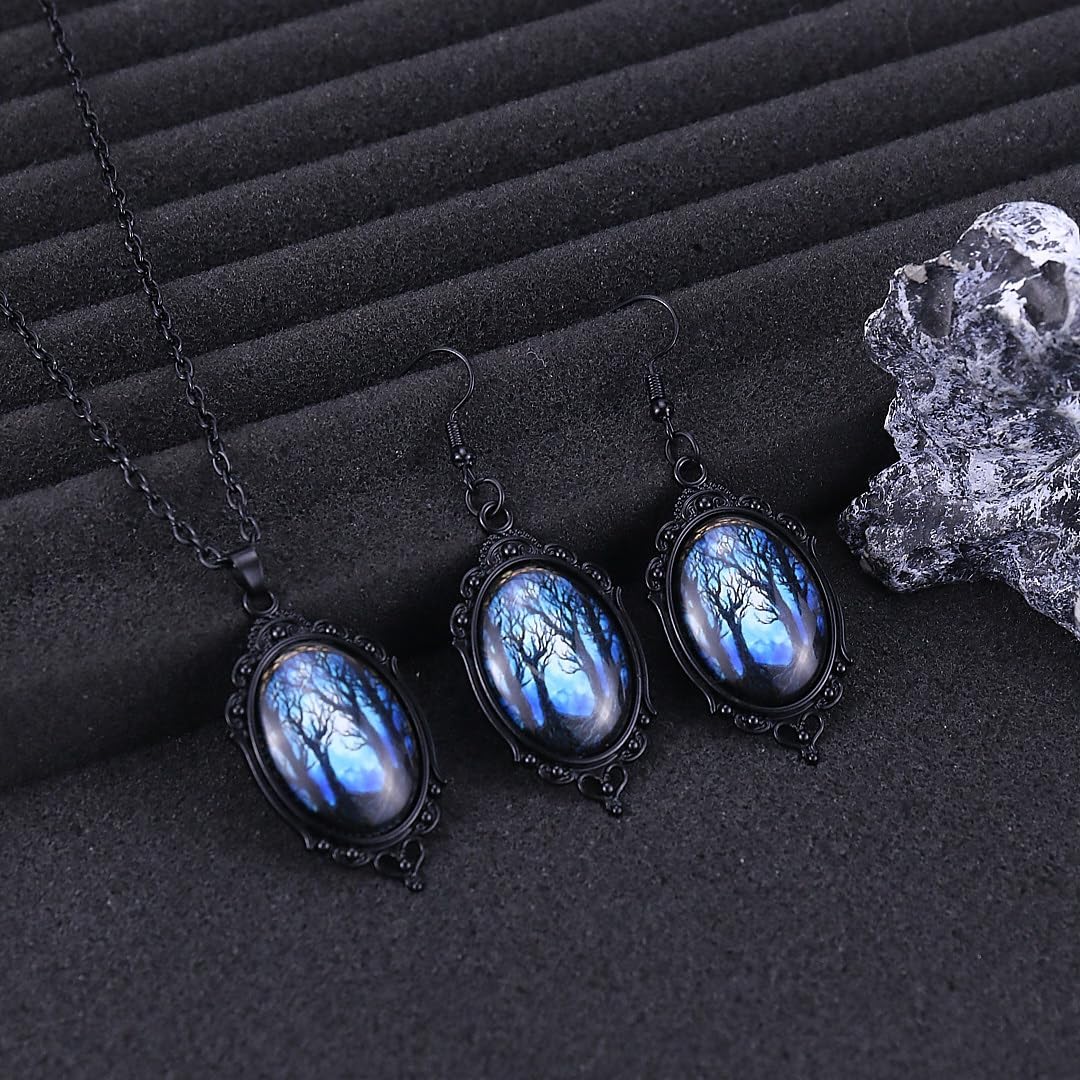 Halloween Witch Necklace Earrings Set for Women Halloween Cameo Crystal Glass Pendant Necklace Earrings Vintage Punk Gothic Vampire Jewelry for Women Emo Accessories Halloween Spooky Costume Accessories - Image 7