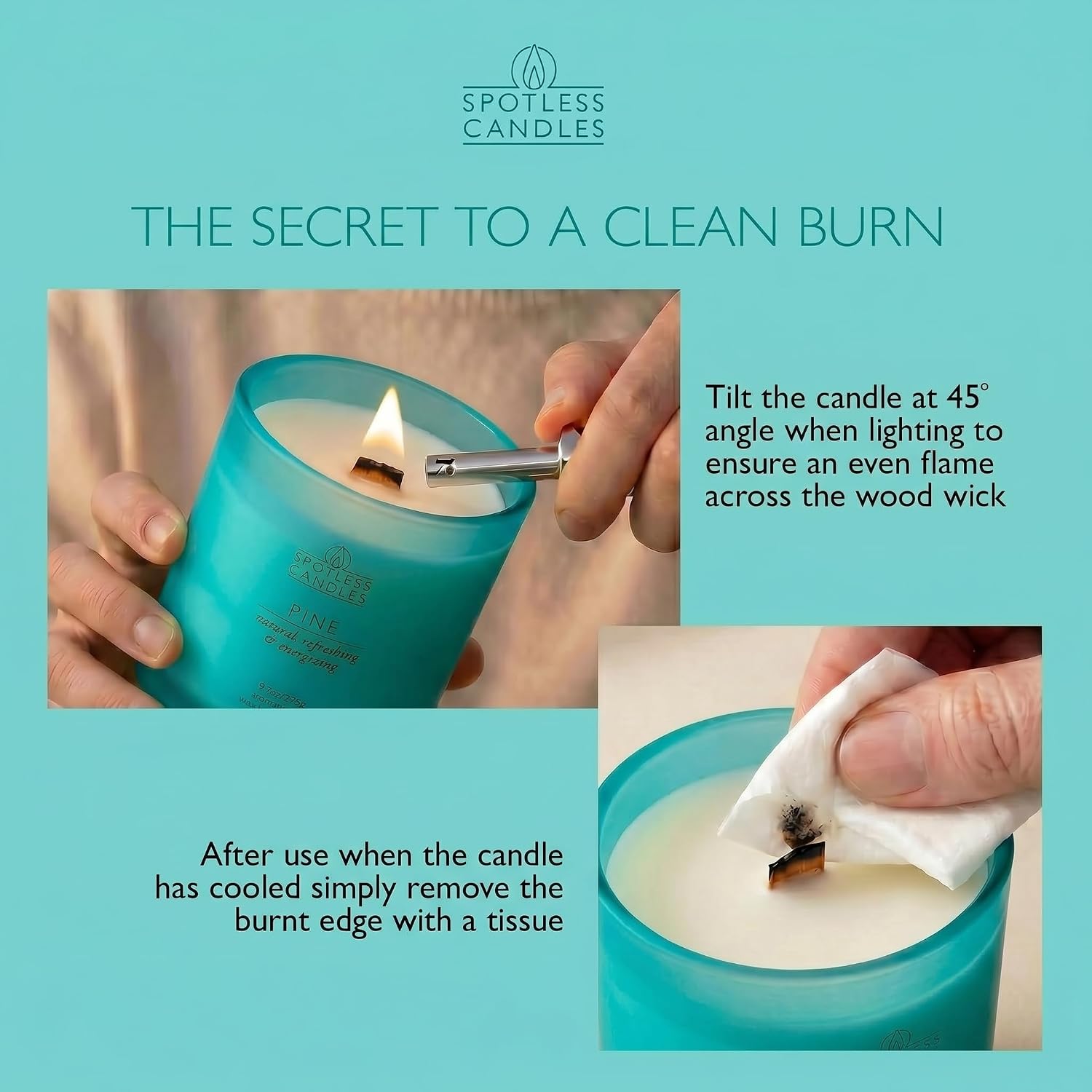 Spotless Candles Pine Candle 9.7 oz - Up to 55 Hours Burn Time - Crackling Wooden Wick - Teal Frosted Glass Jar, Engraved Poem Lid - Green, Incense, Cedarwood and Fir - Luxury Gift Boxed image 5