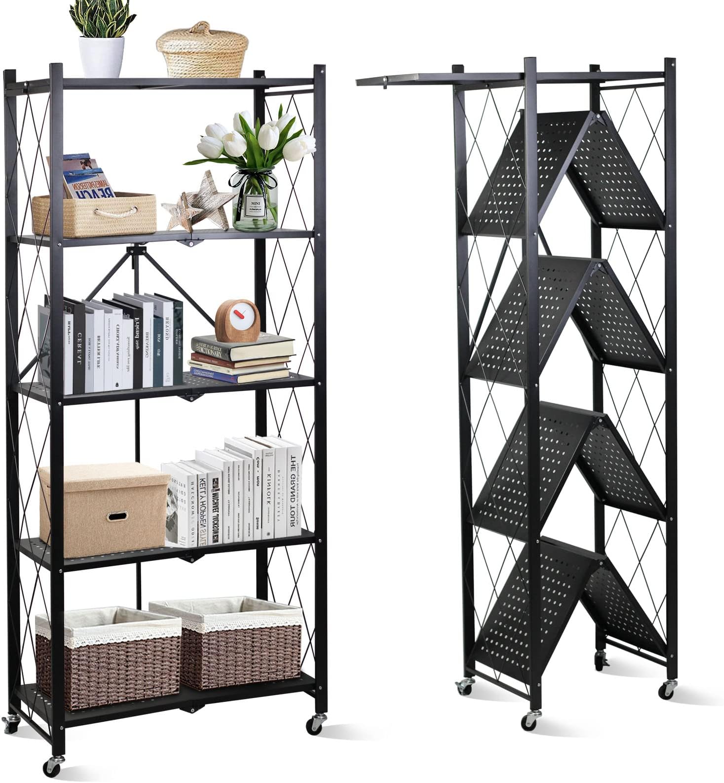 SKY-TOUCH Foldable Storage Shelves 5 Tier, Storage Racks Kitchen Cabinet, Shelf Storage Multipurpose Rack for Living Room Bedroom Kitchen Garage Easy Assembly Black