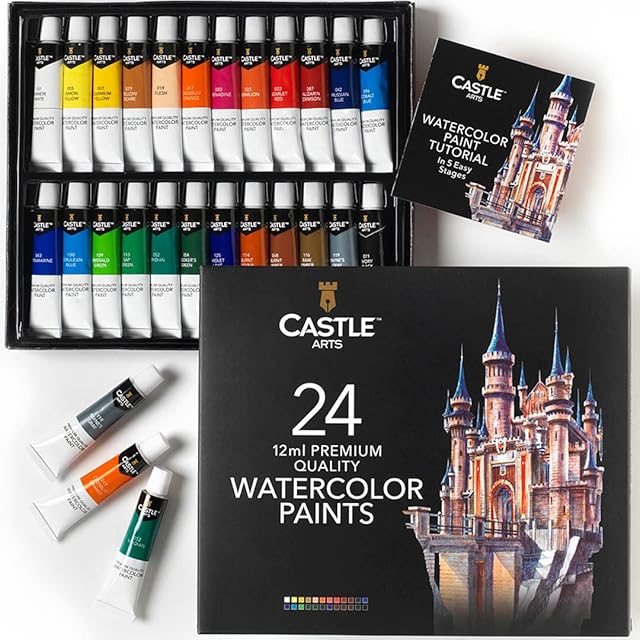 Castle Art Supplies 24 x 12ml Watercolour Paint Tube Set | Value for Adult Artists | Quality, Intense Colours | Just Squeeze The Tube, Mix with Water and Get Creative | in Delightful Presentation Box