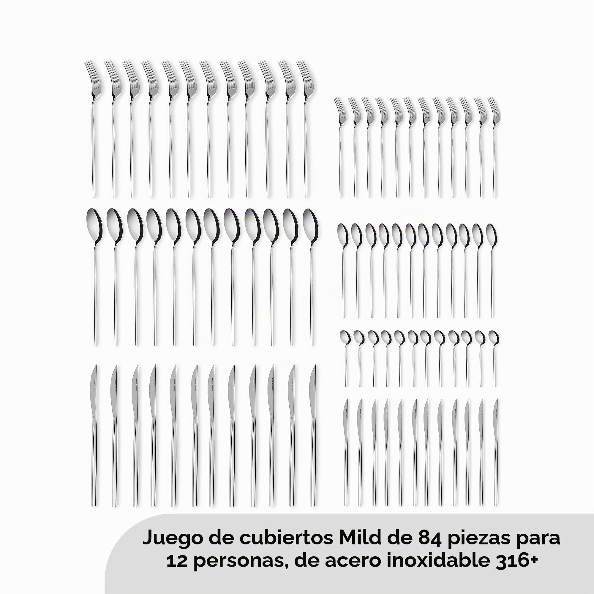 Karaca Mild - Juego de 84 cubiertos de alta calidad para 12 personas, 18/10, acero inoxidable, duradero, resistente a la corrosión, apto para lavavajillas, hoja de acero de alta calidad