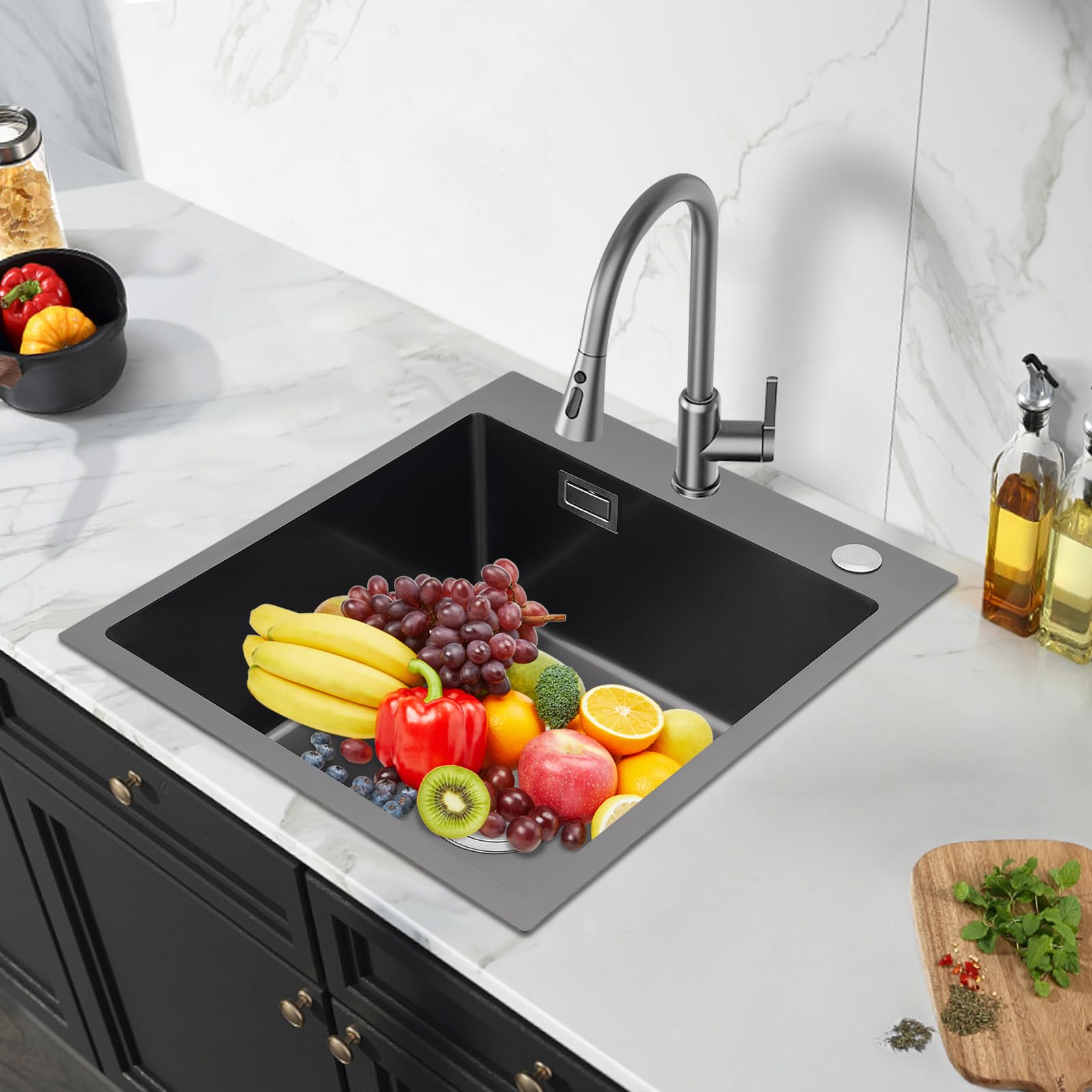 Fregadero de cocina de granito, de 45 x 50 cm, de acero inoxidable con dispensador de jabón y juego de drenaje, lavabo de cocina y fregadero empotrable para armario bajo a partir de 45 (negro