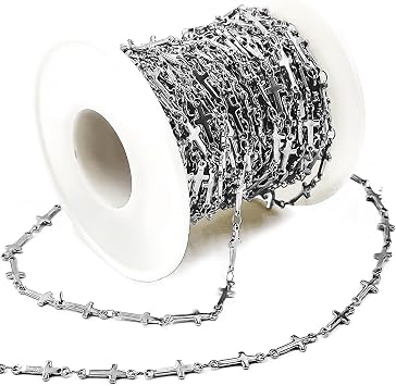 Silver Stainless Steel Cross Chain, 3m/9.8ft Link Chain for Jewelry Making | Cross-Shaped Stainless Steel Links on a Spool, Ideal for Necklaces, Bracelets, Waist Chains, Shoe Accents, and DIY Jewelry