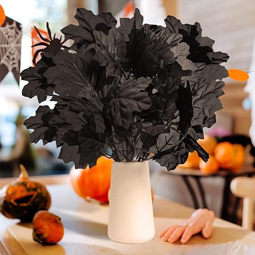 Miniatura 4 de Ramas de Halloween, paquete de 2 ramas de flores artificiales negras, tallo de flor de hoja de arce falsa, ramas de ramo de flores artificiales