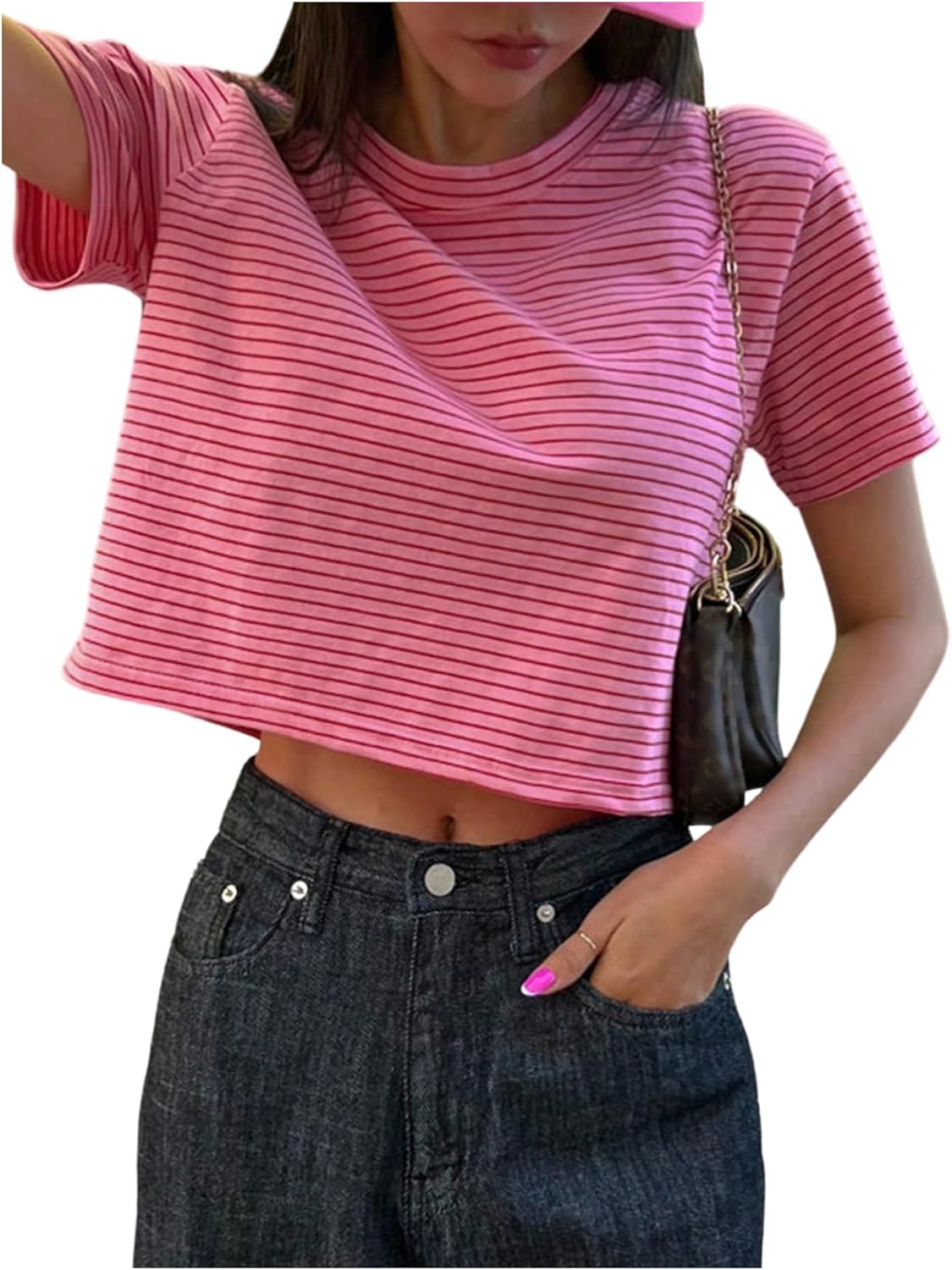 Floerns Women's Striped Short Sleeve T Shirts Crew Neck Summer Casual Tee Crop Tops