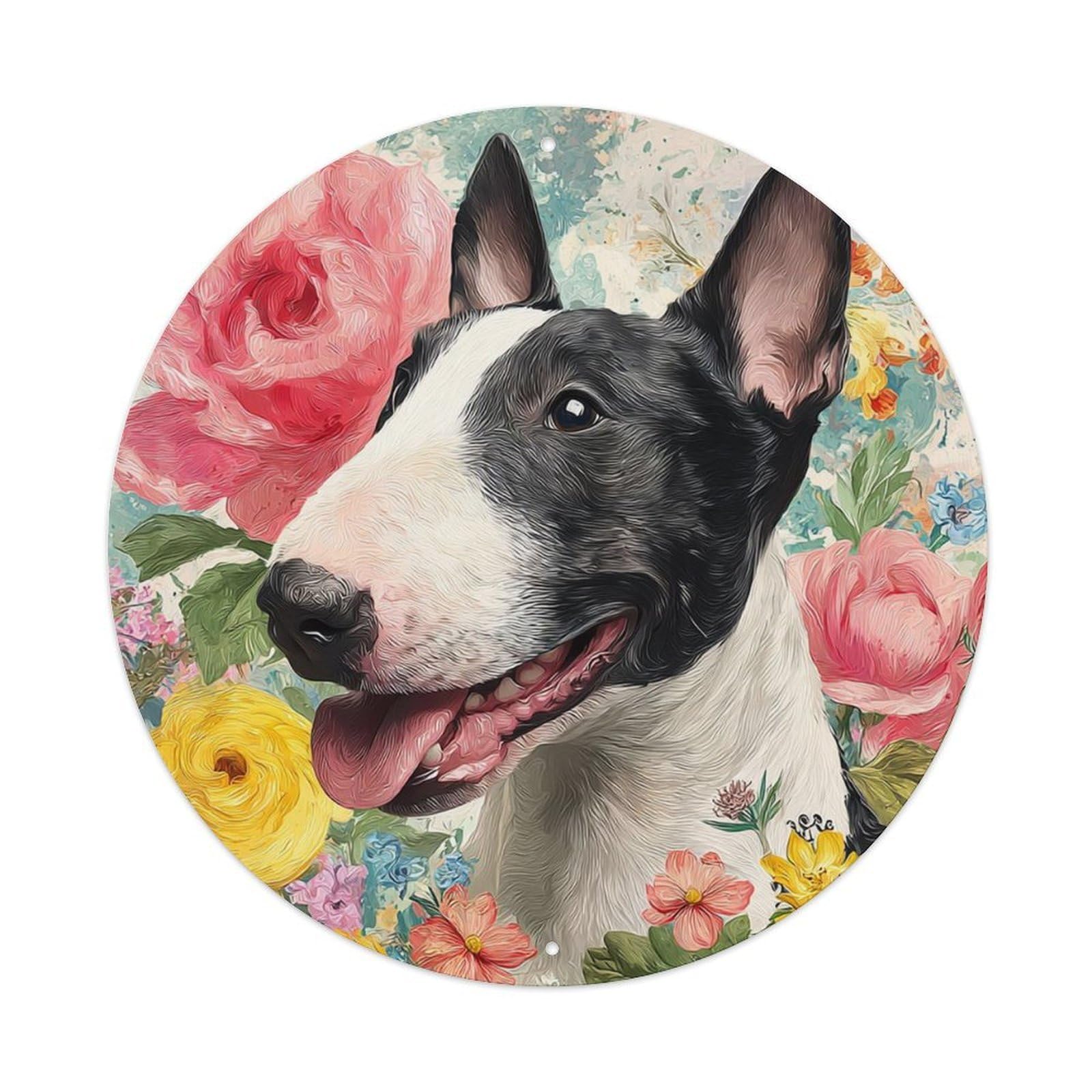 Floral Oil Painting Bull Terrier Dog Decor Plaque Vintage Aluminium Metal Sign, Retro Wall Decor for Home, Bar, Garage & Farmhouse 20x20cm
