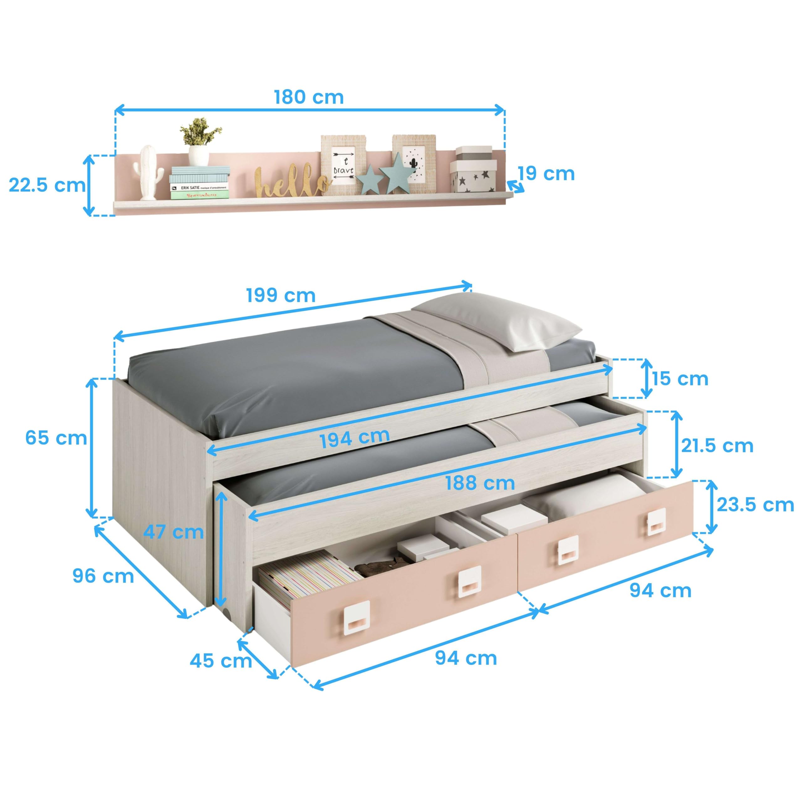 Miroytengo Pack Habitación Juvenil Infantil Rosa Gris Blanco Alpes (Cama Nido + Estante + Armario + Escritorio + estantería) con Somieres