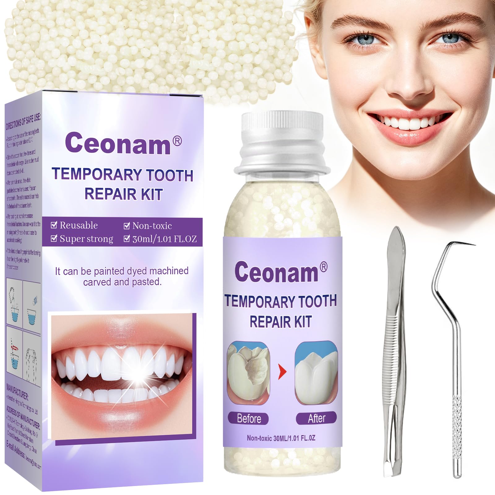 Photo 1 of 1.0oz / 30ml Moldable Tooth Repair Kit with Stainless Steel Tweezer and Dental Pick, Temporary Teeth Replacement Beads in Natural Color for Broken or Missing Teeth, Denture Repair, and DIY Oral Care
