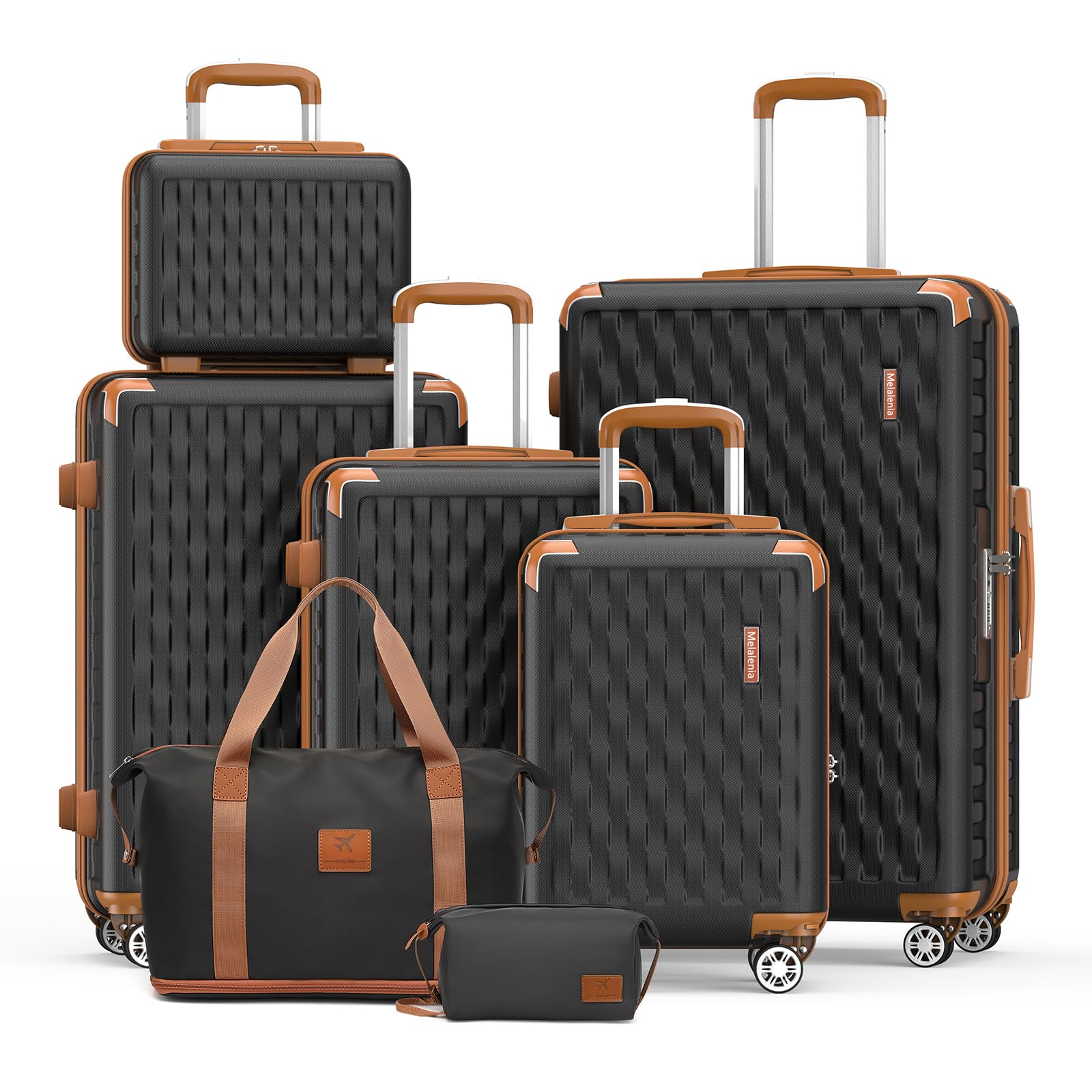 Melalenia Set de Valises, 7 Pièces Ensemble Bagages Rigide(25/47/53/64/73cm), Roues Pivotantes à 360° Serrure TSA et Léger Durables Comprend Trousse de Toilette et Sac de Voyage
