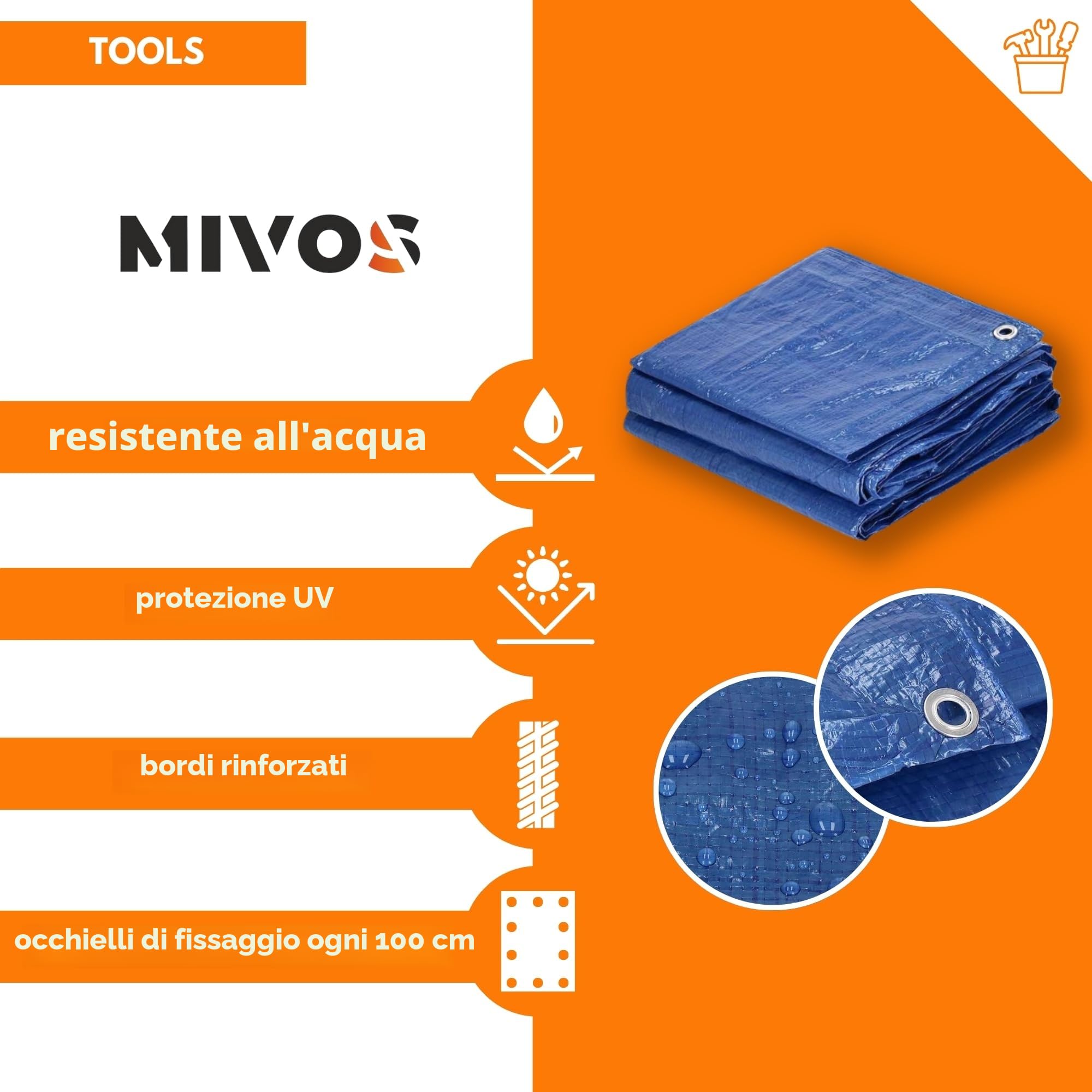 Mivos Telone di Copertura Universale 2 x 3 m - Blu - Impermeabile in tessuto 60 g/m² - Per Mobili da Giardino Legno - Antimuffa - Con Occhielli in Alluminio