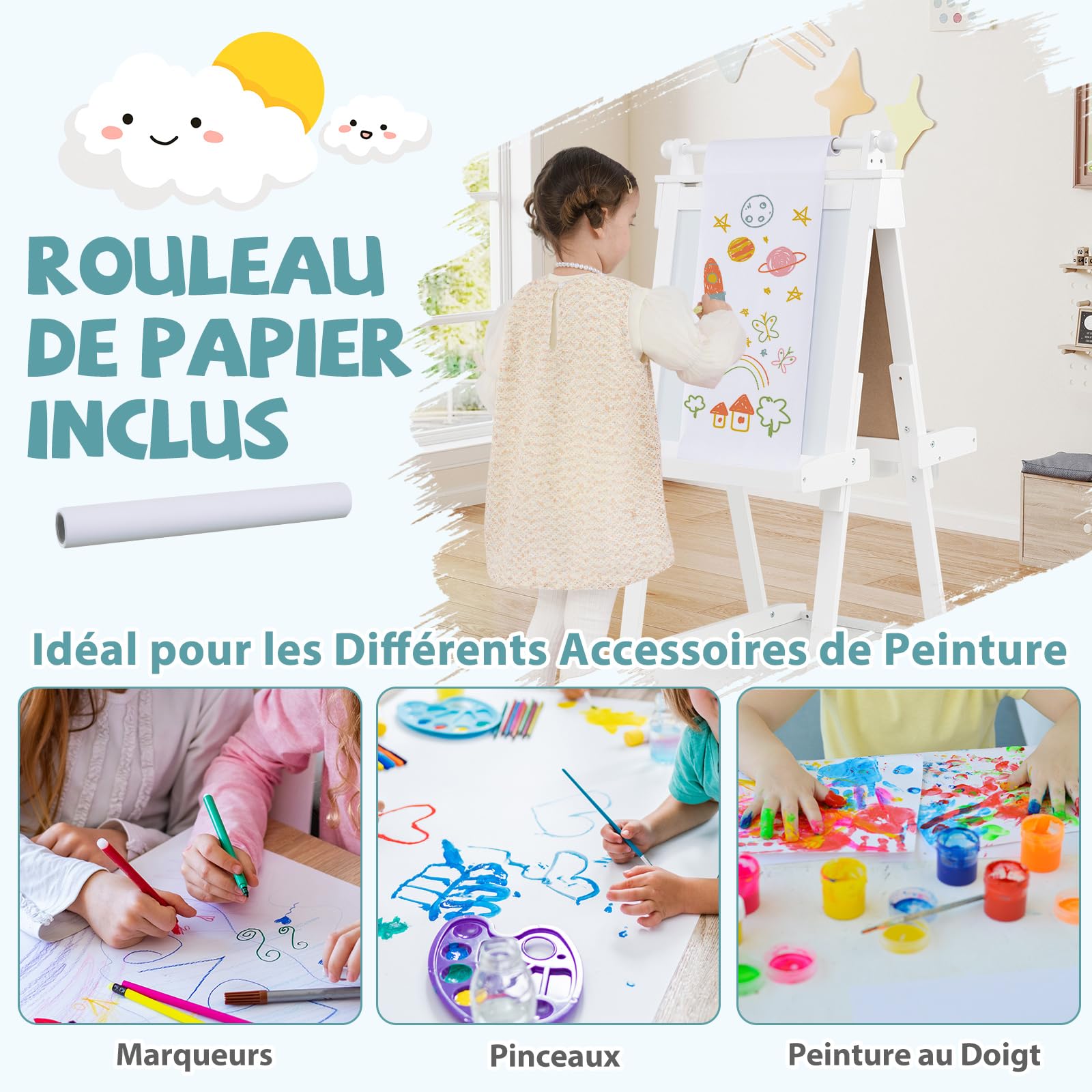 COSTWAY Tableau Enfant Double Face avec Hauteur Réglable & Rouleau de Papier Remplaçable, Chevalet Magnétique Pliable avec Tableau Noir & Blanc, 3 Pots & 3 Plateaux pour Enfant de 3 Ans+ (Blanc)