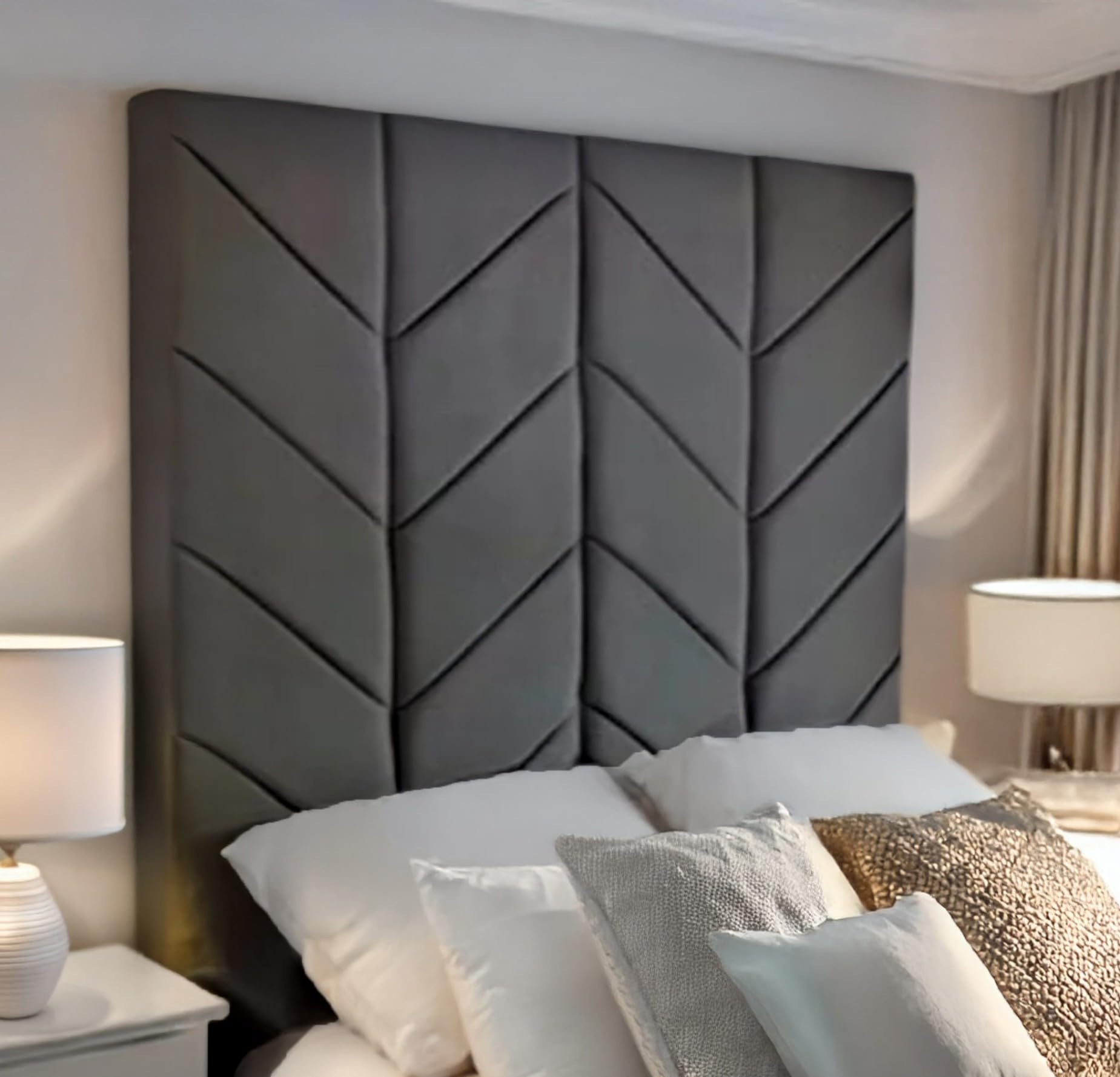 mm08enn Luxury Chevron extra tall Upholstered Bed Headboard in Plush Velvet Fabric 30" 36" 44" 50" and 60" Height (Height 36", Grey, 4ft6 Double)