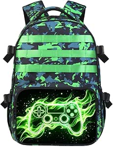 Gaming Backpack for Boys, Green Gamer Camo School Backpack with Laptop and Insulated Compartments