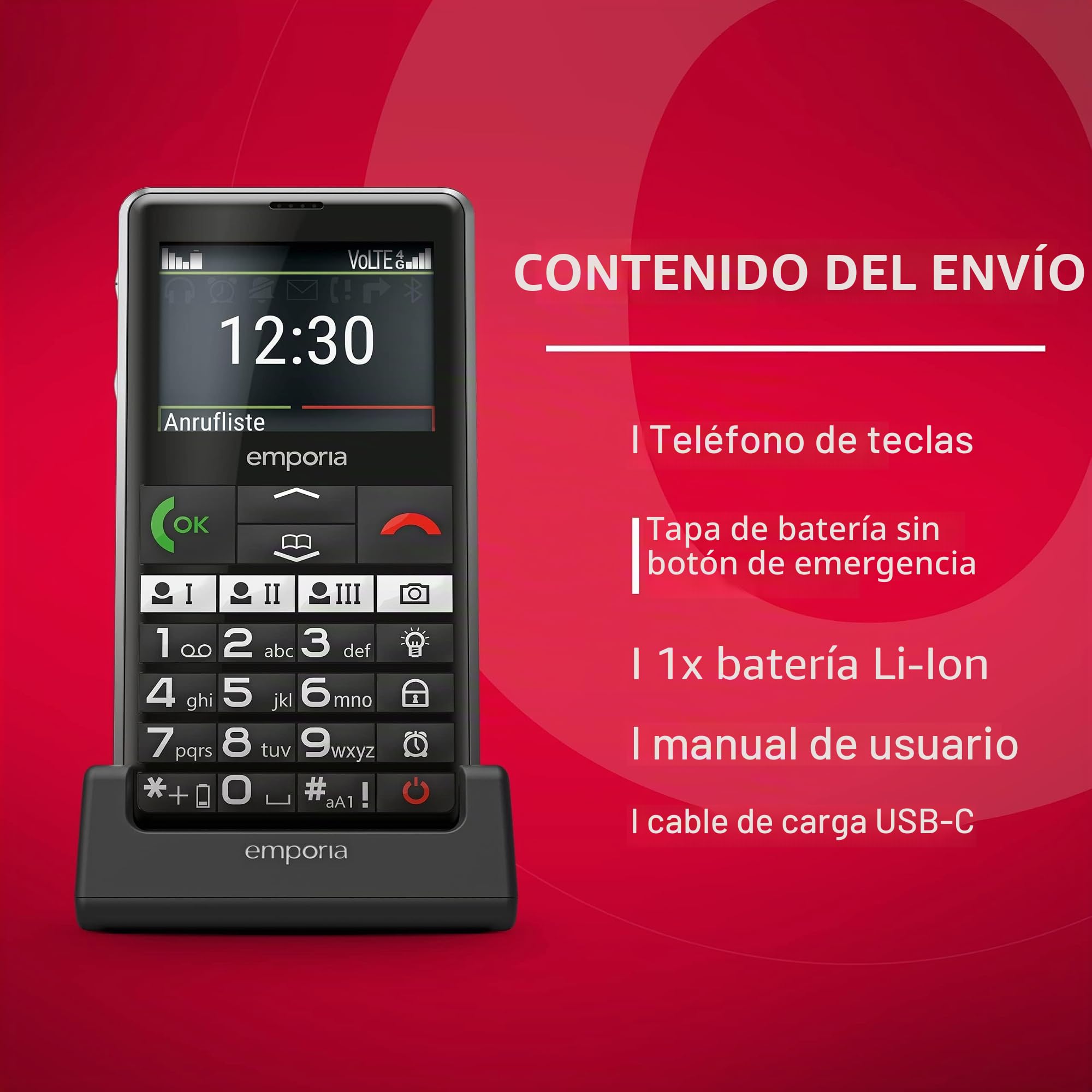 Emporia Pure-LTE - Teléfono móvil para Personas Mayores 4G, sin Contrato, teléfono móvil con botón de Llamada de Emergencia, Color Negro