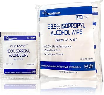 Cleanse 99.9% Isopropyl Alcohol Handy Wipes, 50 Counts Lint Free Non-Abrasive No Water Residue Ideal for Electronics, Household, Work Equipment Safe for Tech Cleaning & Screens 6 x 5 inches
