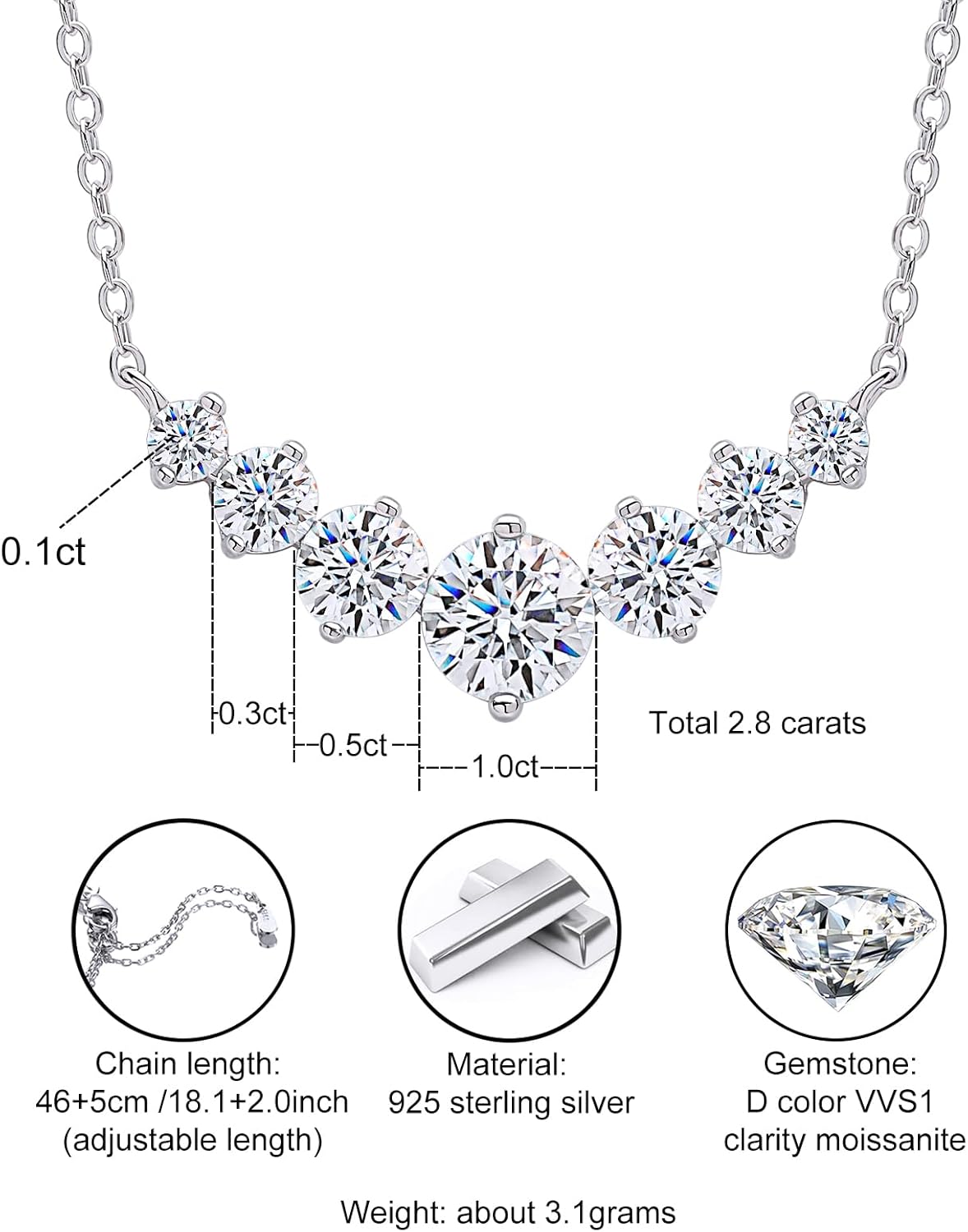 7 Stones Moissanite Necklace for Women, Platinum Plated 925 Sterling Silver 2.8CTCarat Smile Moissanite Pendant Necklace, 15.7+2 inch 0-shaped Chain Tennis Necklaces, Wife with Certificate - Image 3