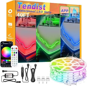 Boat Lights LED Waterproof, Pontoon Boat Led Lights Strip, Marine Led Strip Light, Multicolor 12v RGB LED Strips Outdoor IP67, Night Fishing Lighting with APP & Remote for Bass Jon, RV, Kayak 40FT