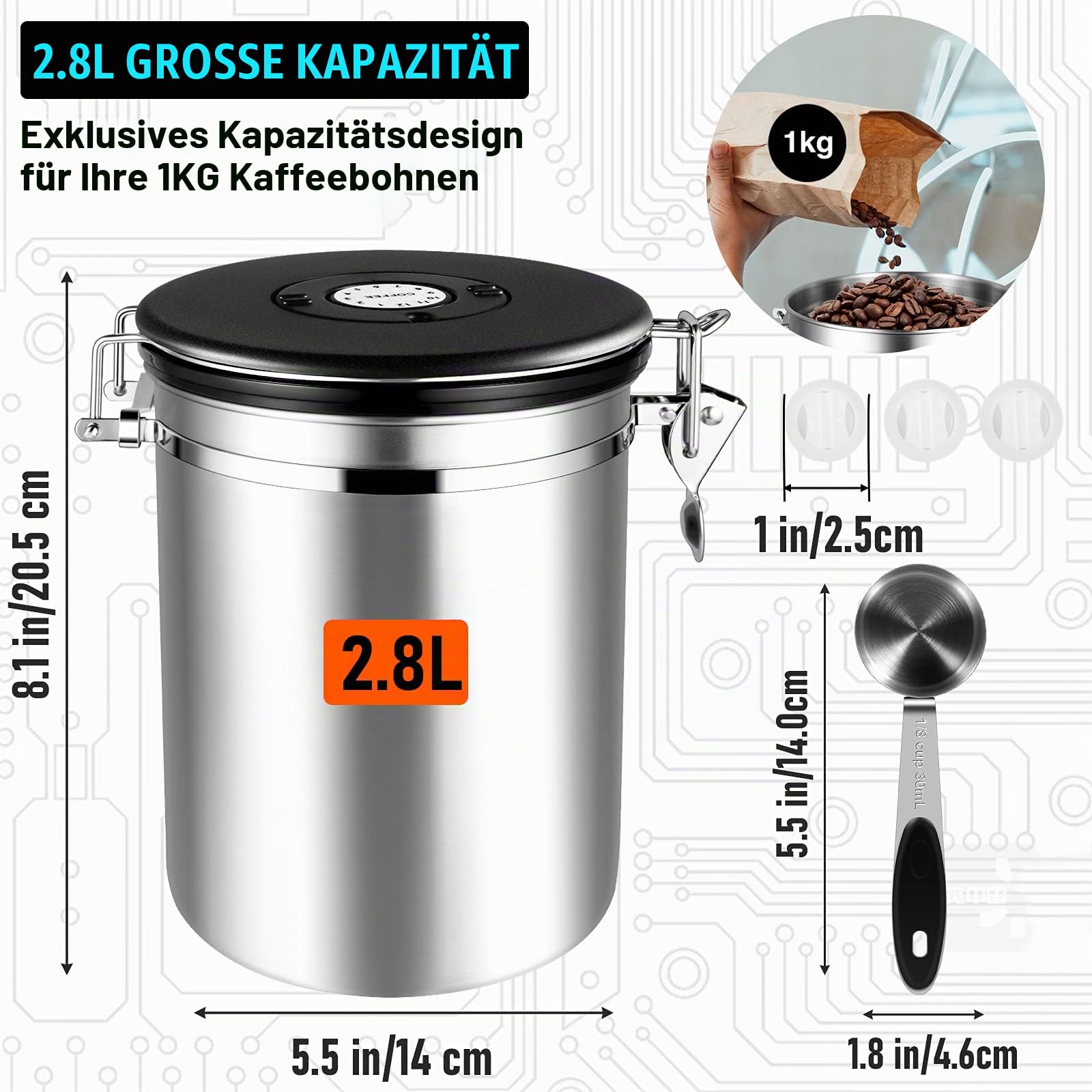Kaffeedosen Luftdicht 1kg Bohnen, 2800ML Kaffeebohnen behälter Kaffeebehälter Vorratsdosen aus Edelstahl mit Datums-Tracker, 30ML Messschaufel und CO₂-Ventil für Kaffee Kaffeebohne Pulver, Zucker, Tee