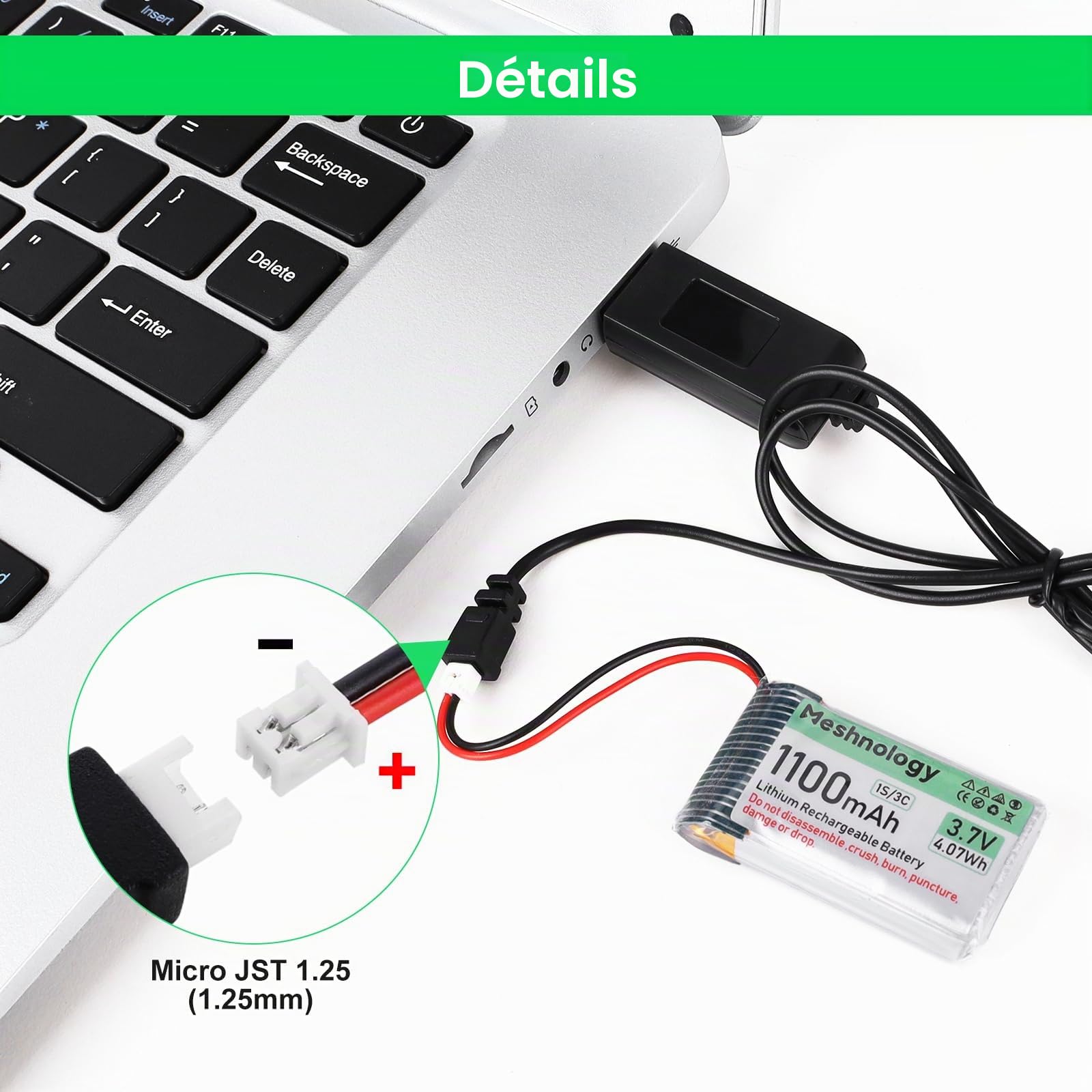 Lot de 4 batteries LiPo 3,7 V 1100 mAh avec câble de charge USB 102540 1S avec panneau de protection, ruban en caoutchouc isolé et prise micro JST 1,25 pour Arduino ESP32 Module Board Drone