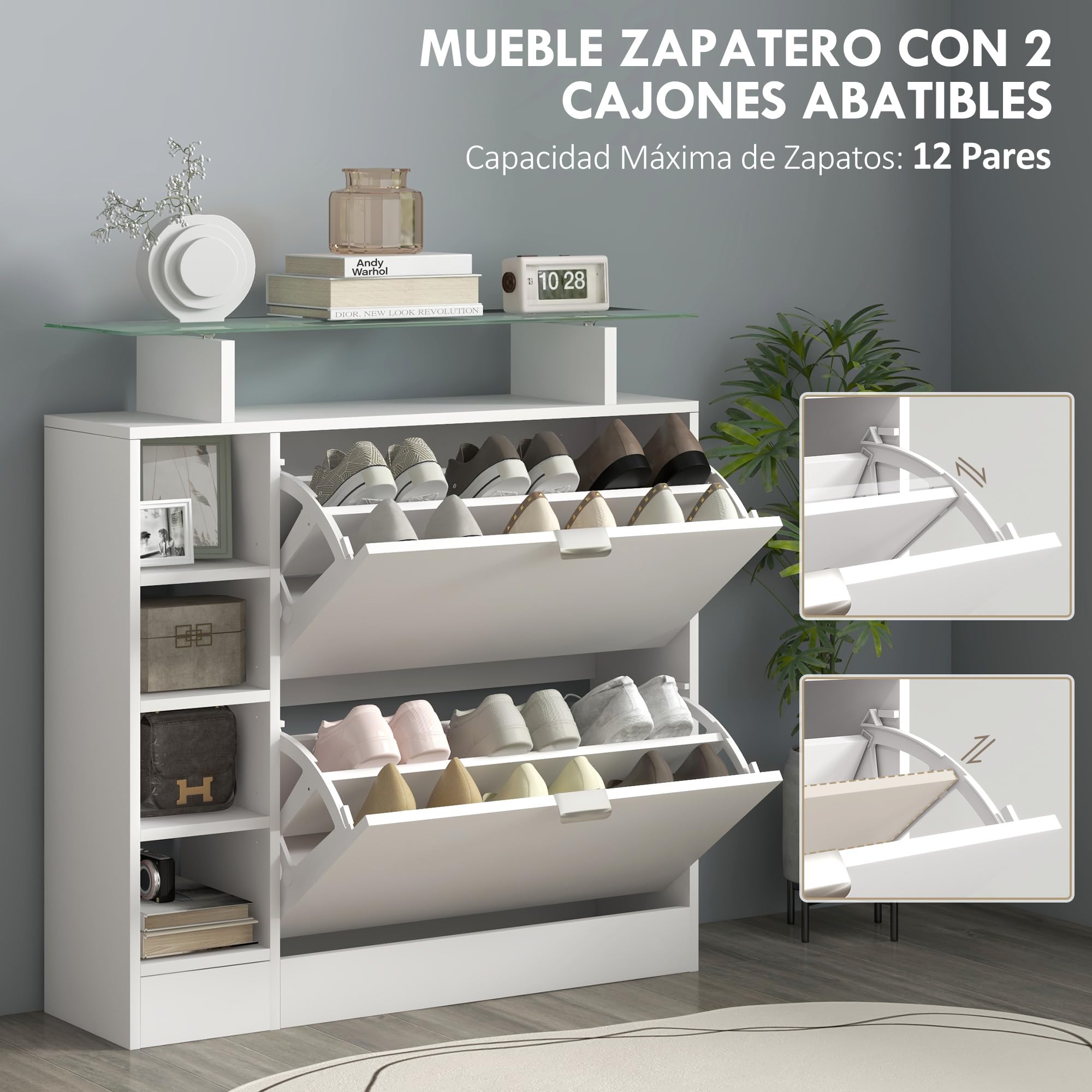 HOMCOM Zapatero Moderno de Entrada con Cajones Abatibles y Estantes Ajustables para 12 Pares de Zapatos, Estrecho para Pasillo y Recibidor 89x25x92 cm Blanco
