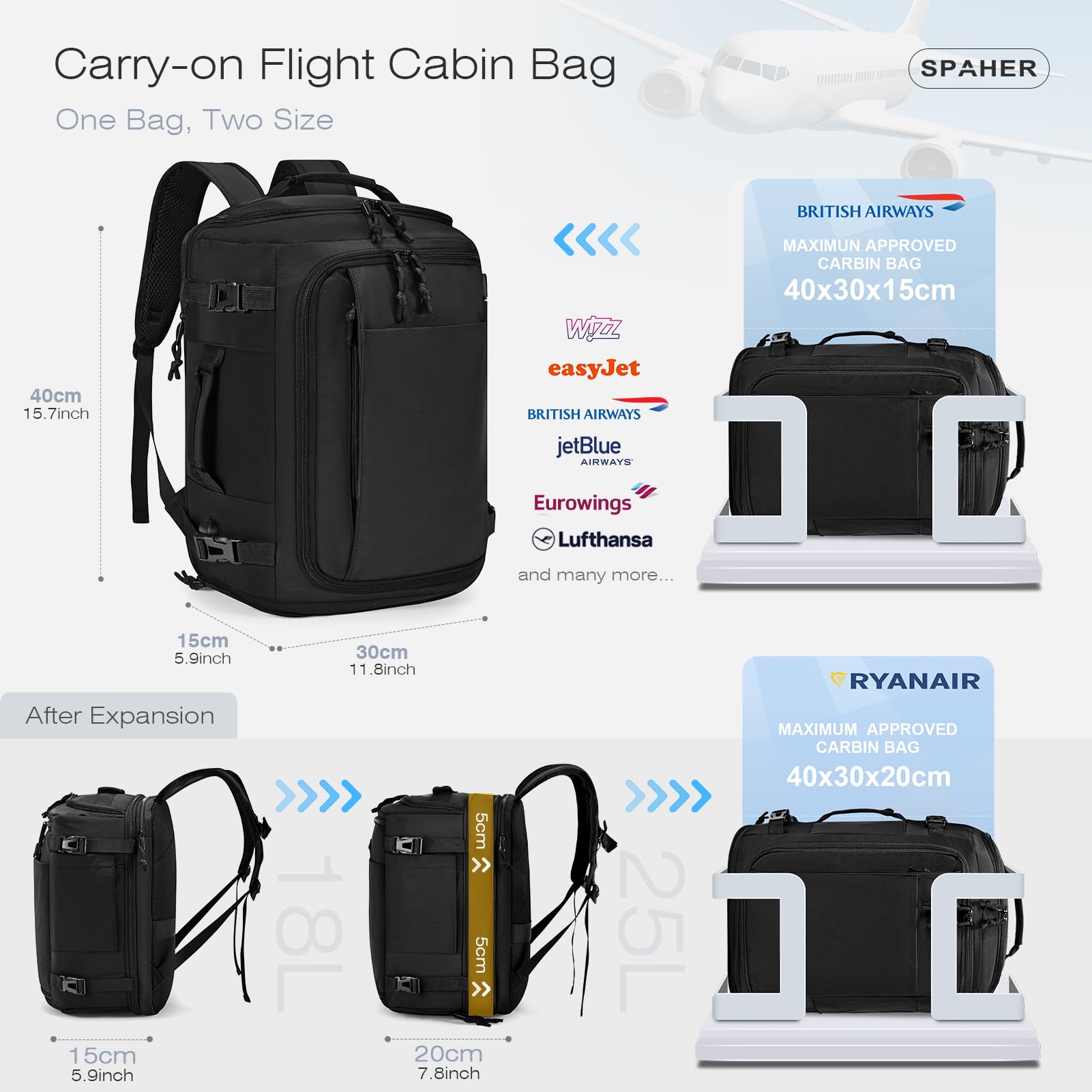 SPAHER Expandible Mochila Viaje Cabina Avión 40x30x15 British Airways 40x30x20 Ryanair Vueling Equipaje de Mano Mujer Hombres Mochila Portatil 15.6 Pulgadas con Puerto de Carga USB, Negro