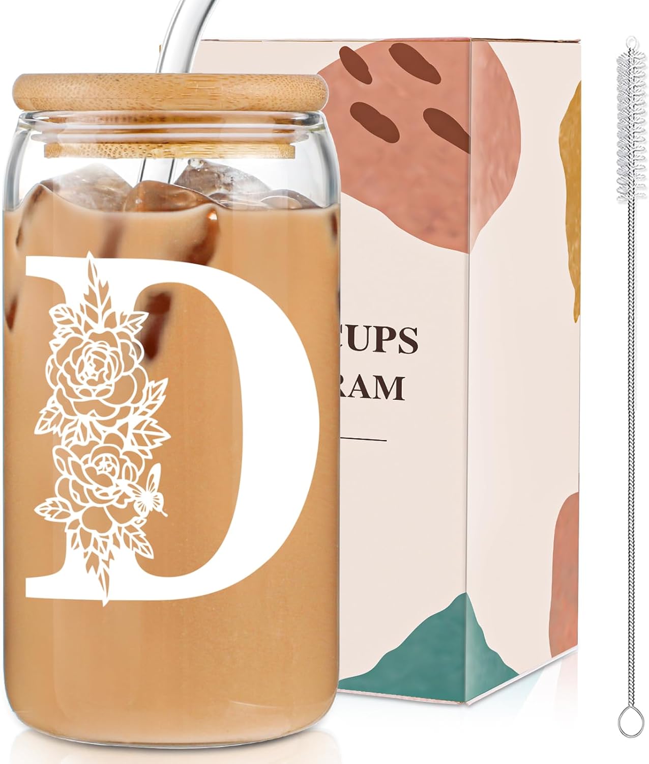 Christmas Gifts for Women: Initial Glass Cup as Office Graduation Memorial Holiday Personalized Gifts – for Mom Grandma Wife Girlfriend Sister Daughter Friend Christmas Gifts – D Aesthetic Cup