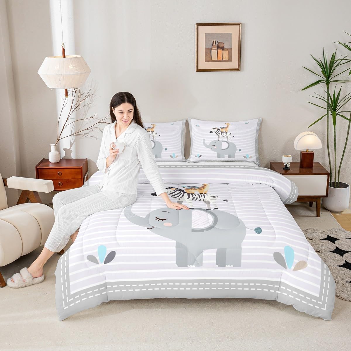 Cute Animals Kids Comforter Set Cartoon Elephant Zebra Giraffe Bedding Set Queen Size for Boys Girls Teens Bedroom Decor Grey White Geometric Stripes Quilted Duvet All Season Duvet Insert 3pcs