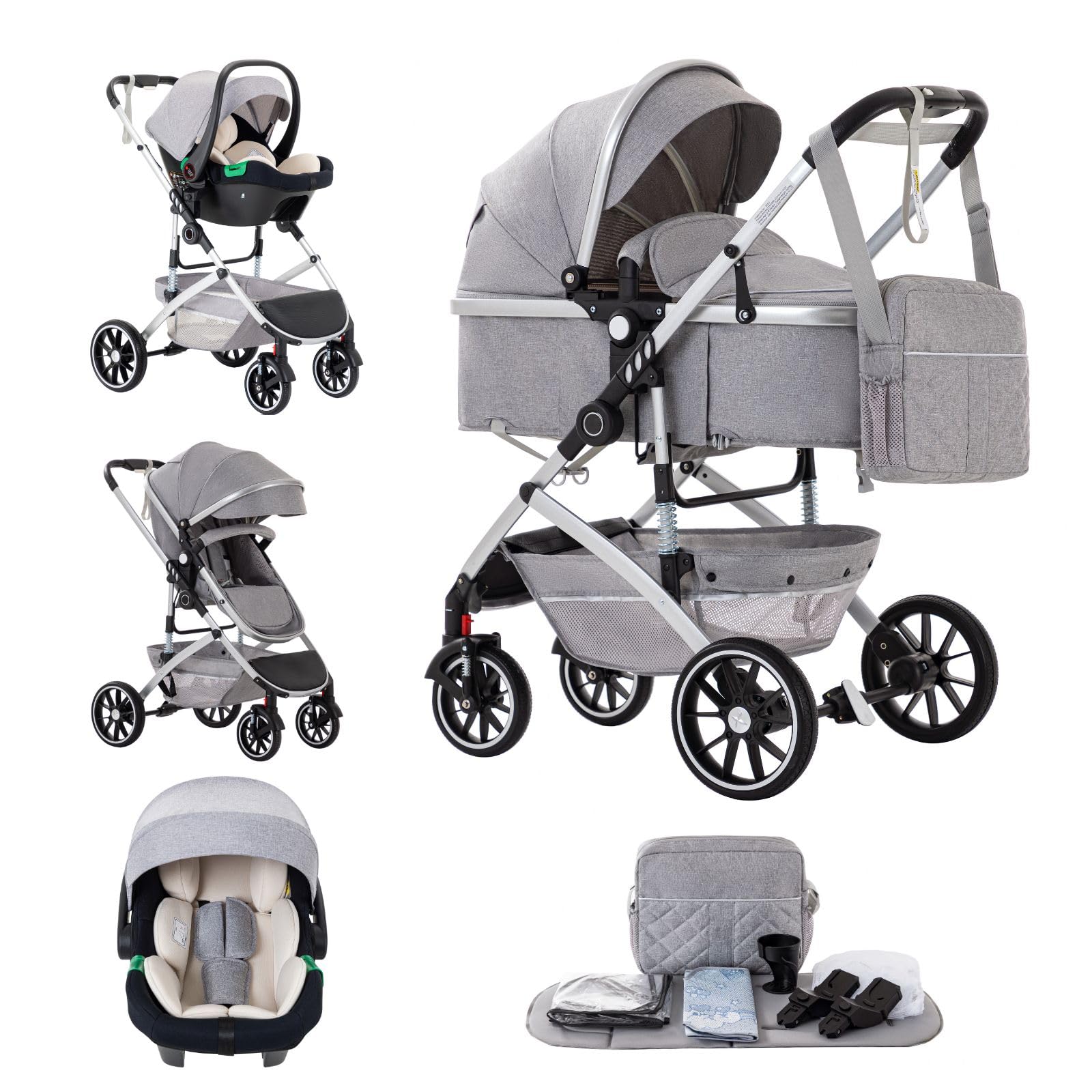 Poussette Combinée 3 en 1 Pliable, Citadine Canne Système de Voyage avec Siège Auto et Moustiquaire, Haute Vue pour Nouveau-né 22kg 0-4 Ans