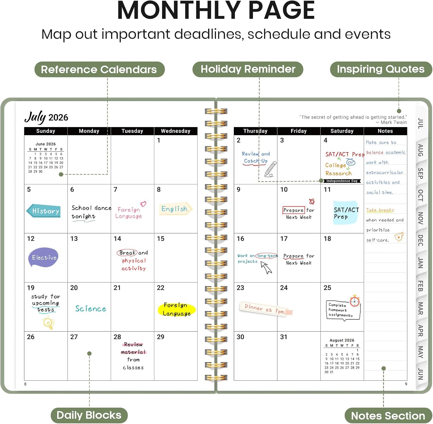 Planner 2026-2027 for Women & Men, Set of 3, Academic Monthly and Weekly Calendar Planner, Jul 2026 - Jun 2027, A5 (6.3" x 8.5"), Teacher Student Planning Book with Tabs, Ideal for Office School Supplies - Black Green Purple