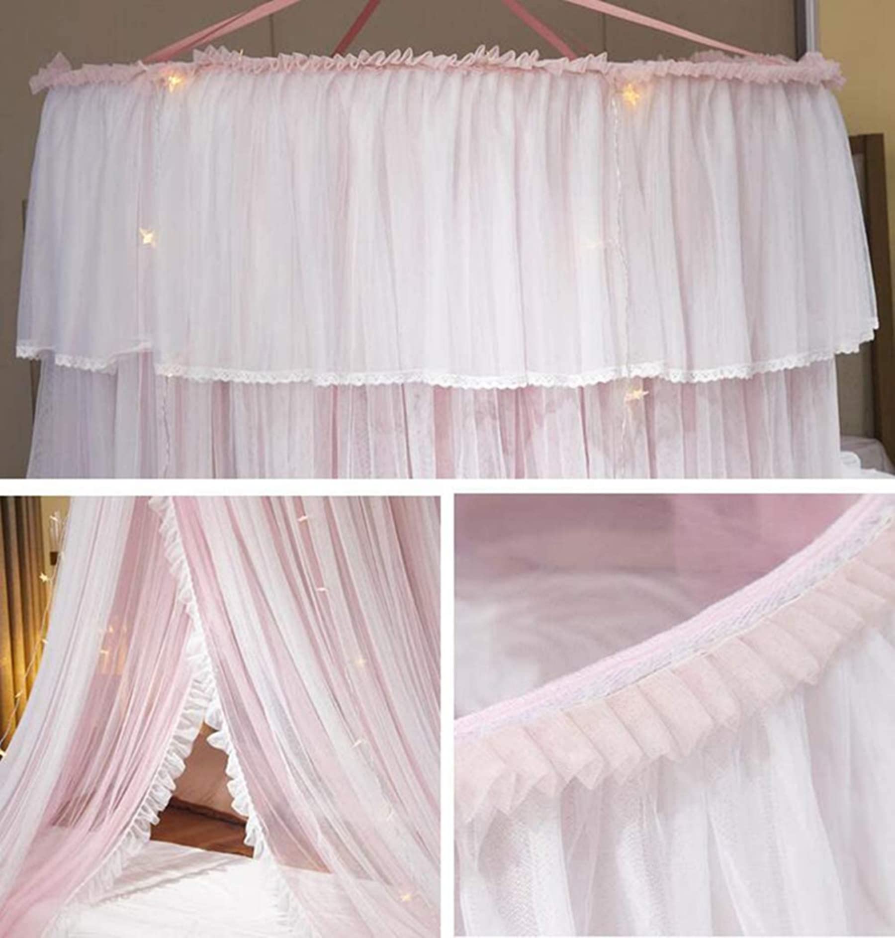 Baldaquin de lit Princesse pour Filles Rideau de baldaquin Double Couche Voile Transparent Dôme Rideau de lit en Dentelle Ronde Moustiquaire deTente pour décoration de Chambre(Rose/Blanc)