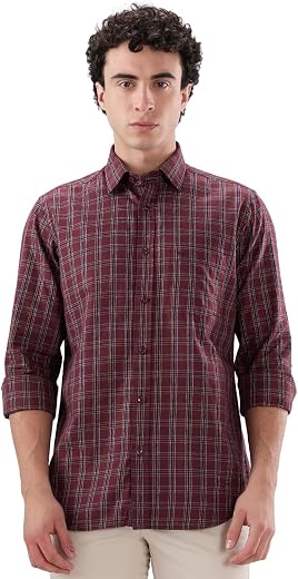 Colorplus Men Regular Fit Checks Pattern Pure Cotton Plain Collar Full Sleeve Casual Shirt