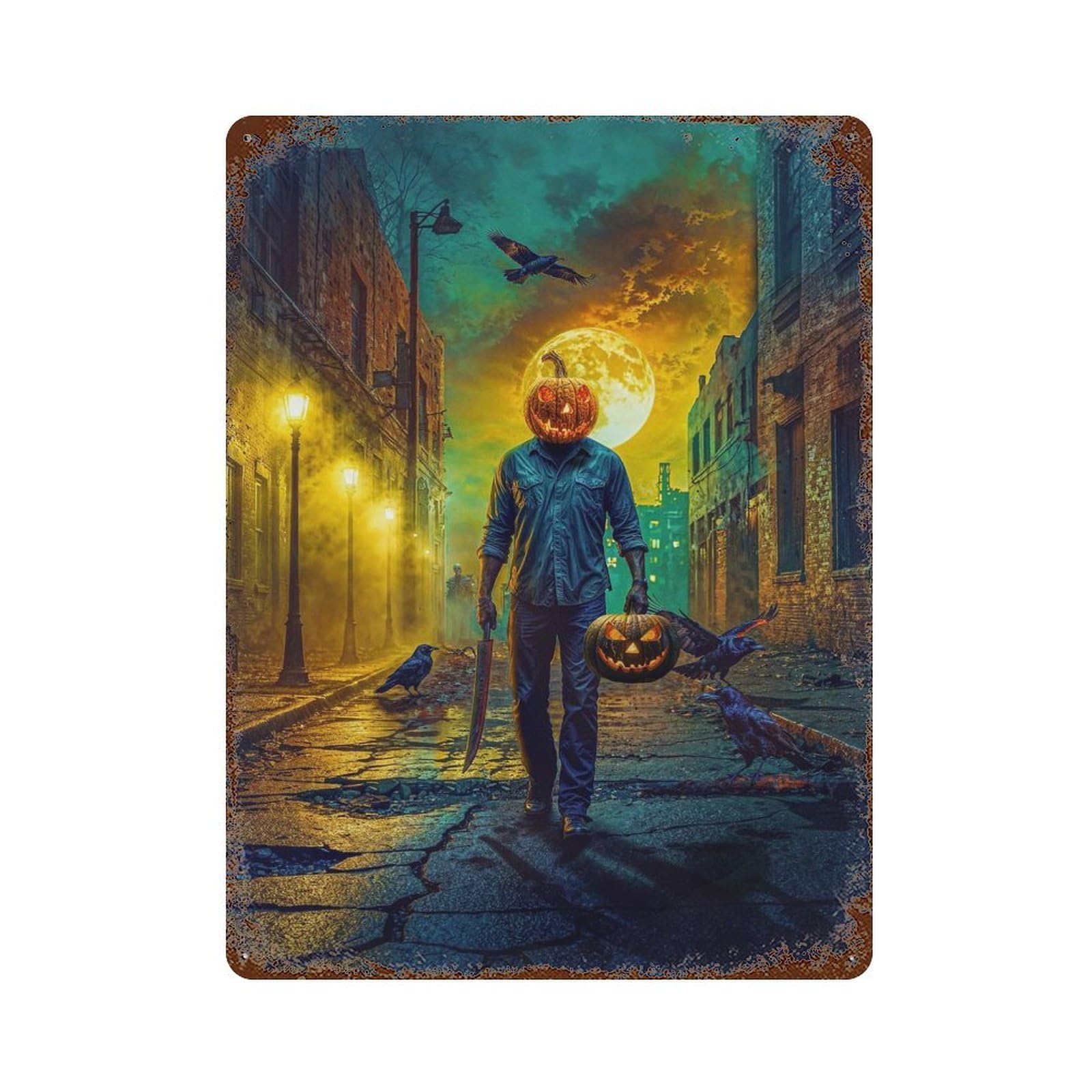 Retro Metal Sign with Halloween Pumpkin Head Man Design 15.7"x11.8", for Pub, Kitchen And Man Cave Decor, Rustic Home Decor