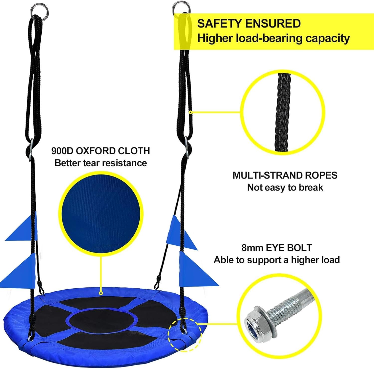 pacearth 40 inch saucer tree swing flying 900lb weight capacity 2 added hanging straps adjustable multi-strand ropes colorful safe and durable swing seat for children adults - blue blue 40 in
