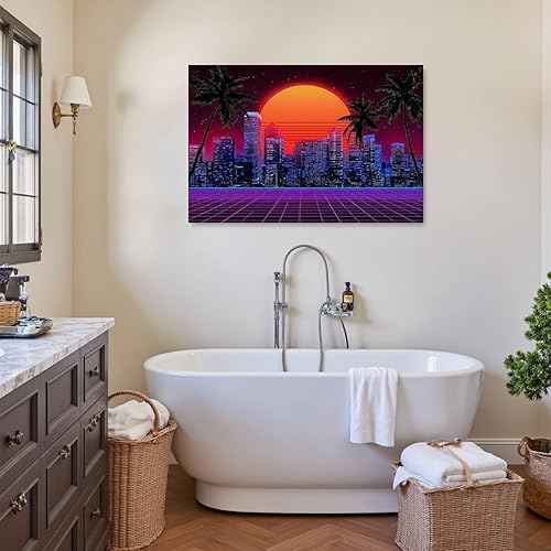Miniatura 7 de Canvas Wall Art Prints Retro wave synthwave vaporwave skyline scenery landscape Large Framed Artwork Wall Paintings Pictures Posters 24"x36" Wall