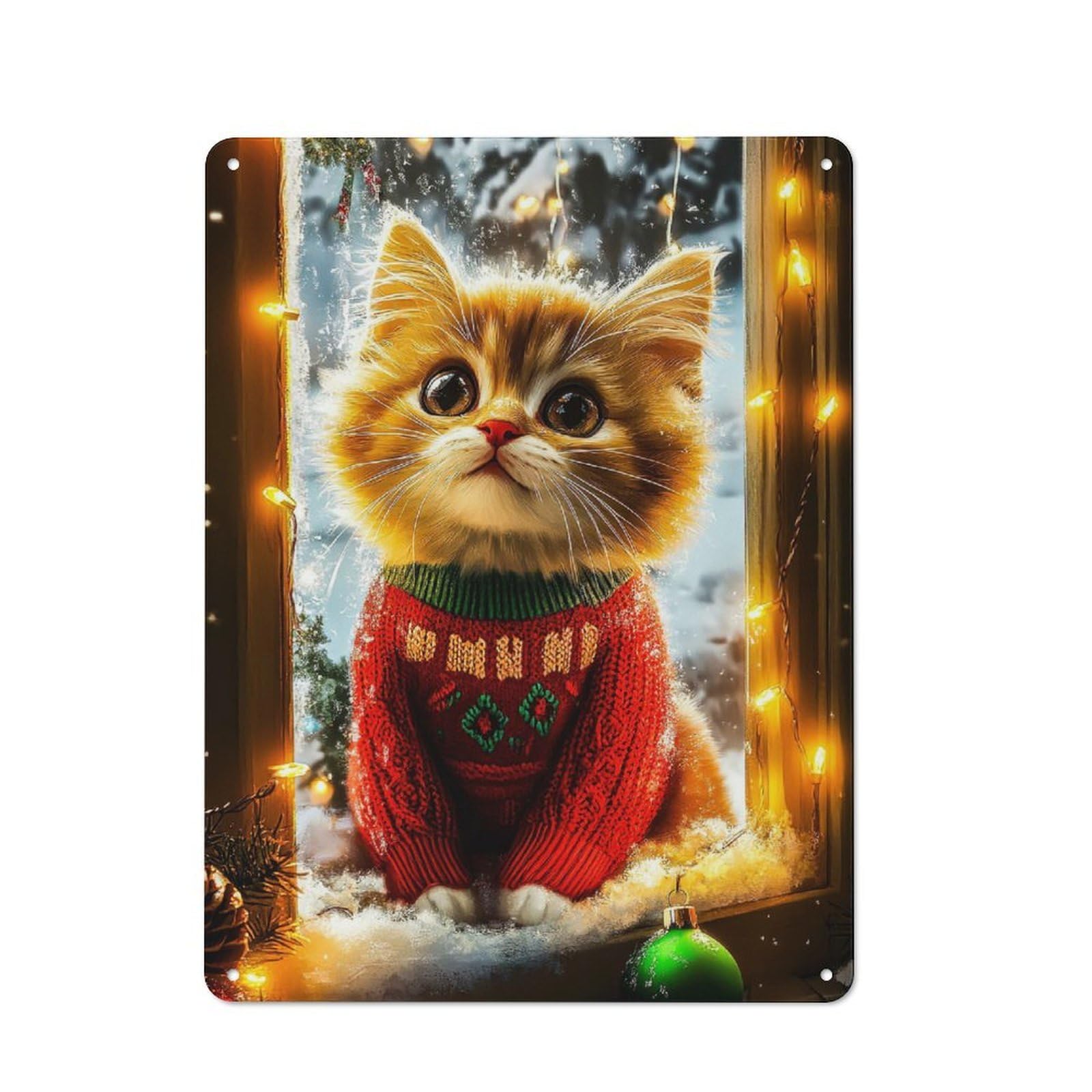 Junmoney Style-12 Metal Sign 40X30cm With Christmas Kitten In Window For Pub Or Café, Vintage Decor, For Metal Sign Collectors, For Garage And Workshop Walls