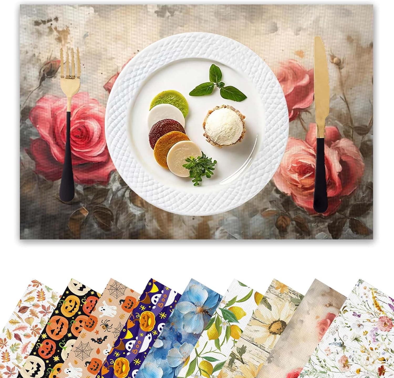 Placemats Set of 4 Waterproof Oilproof Table Mats Vintage Rose Pattern Washable Wipeable Heat Resistant Easy to Clean for Indoor Outdoor Party Kitchen Dining Table Decoration 12 * 18in