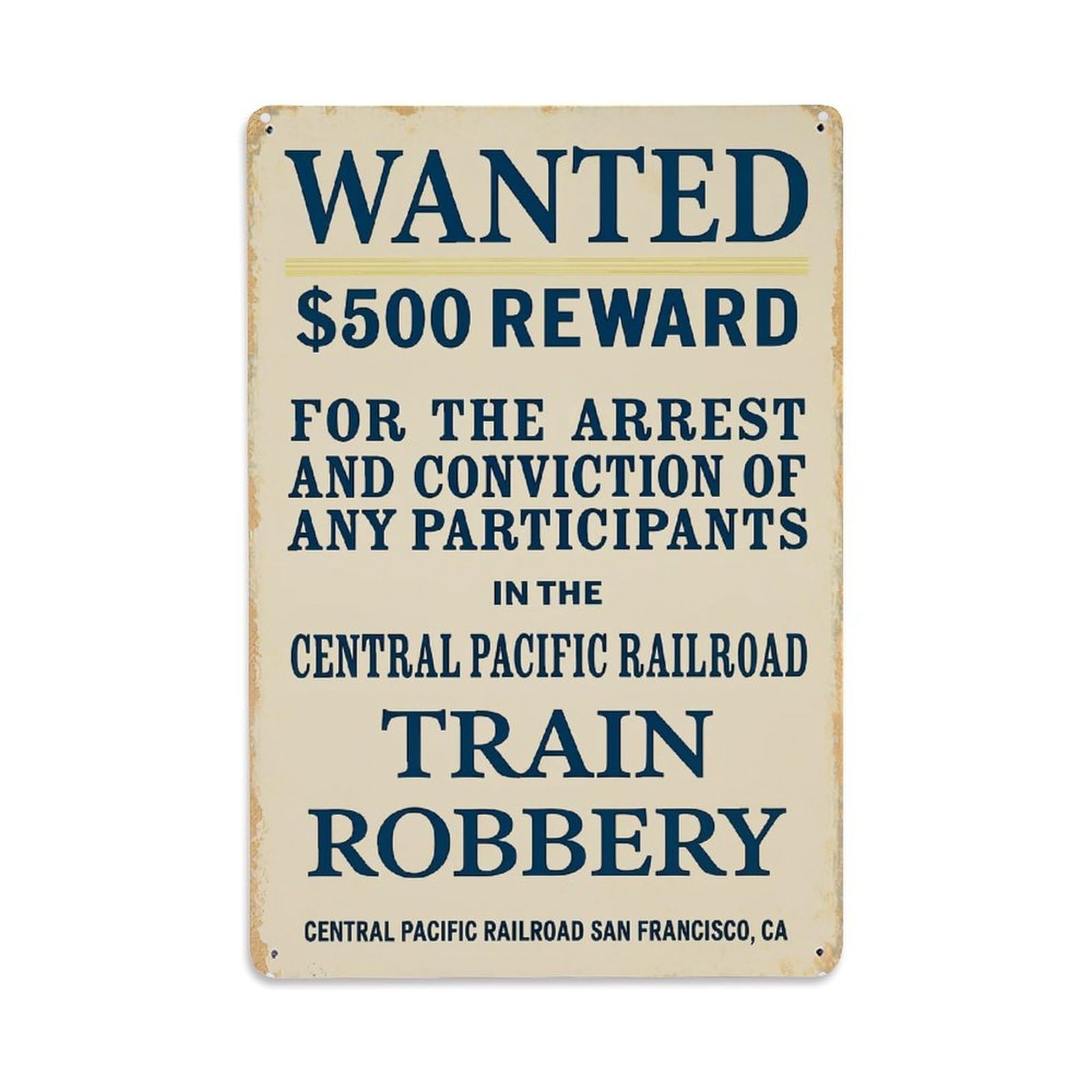 Wanted Reward Train Robbery Poster Retro Metal Tin Sign, Vintage Decor Art Poster for Bar, Home, Man Cave, Kitchen, Laundry Room Gift 8x12Inch