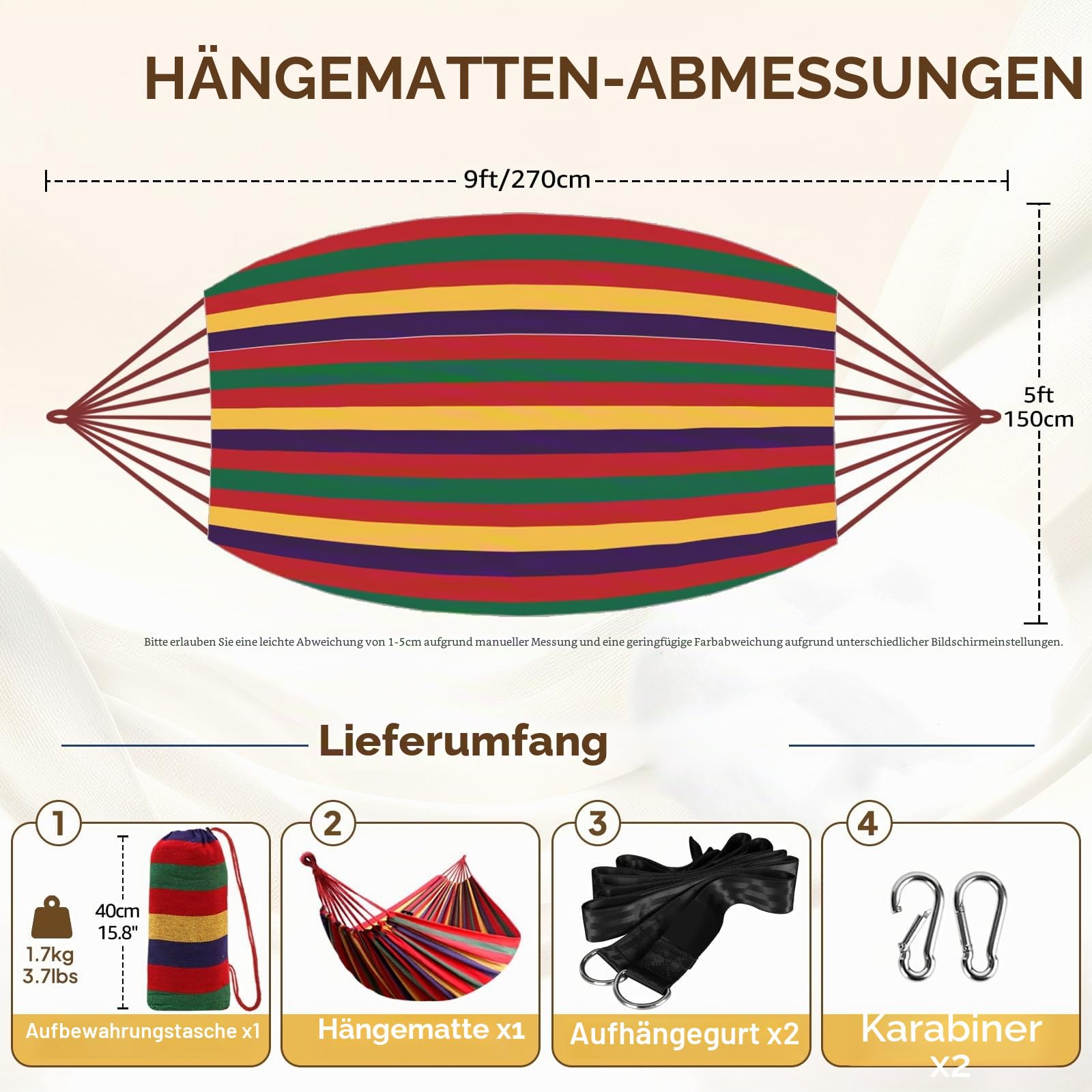 ANYOO Hängematte Outdoor Baumwolle Bequemer Stoff mit Baumfreundlichen Gurten zum Aufhängen, Robuste Tragbare Hängematte mit Reisetasche für Garten, Indoor, Balkon, Terrasse, Camping