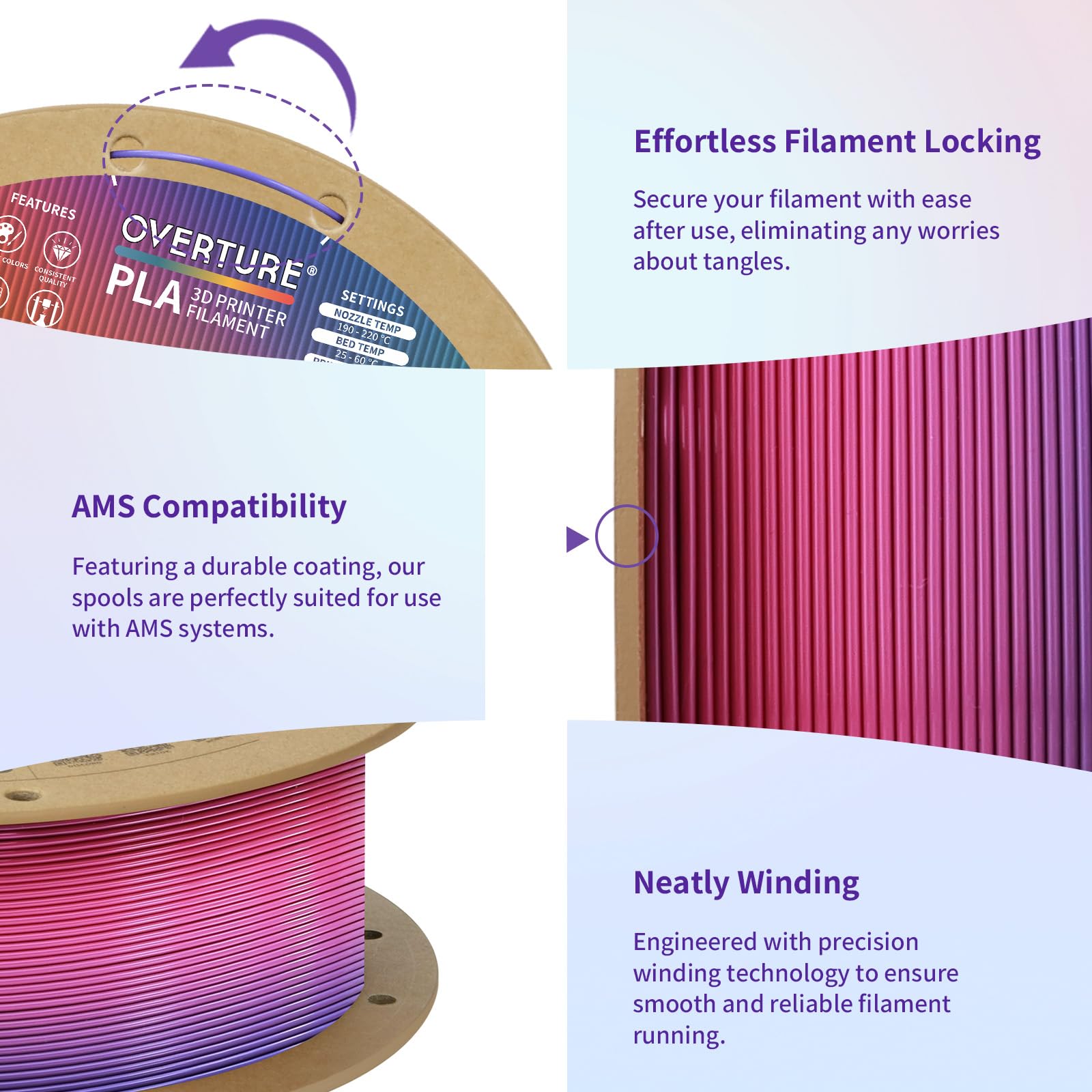 OVERTURE Filamento PLA 1.75mm - Bobina 1kg (2,2lbs) Precisione ±0.02mm, in Cartone Riciclato | Compatibile Stampanti 3D FDM (Aurora Berry)
