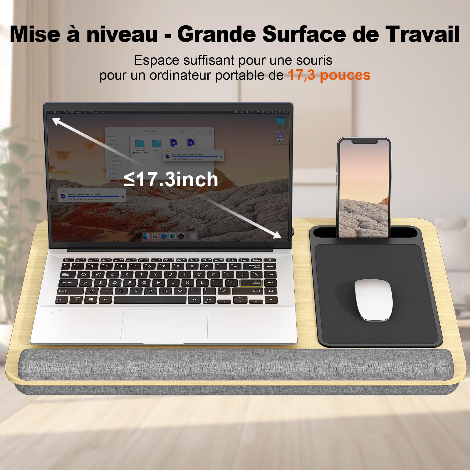 PUTORSEN Bureau Portable pour Ordinateur Portable jusqu'à 17,3 Pouces avec Coussin d'oreiller et Tapis de Souris, Jaune