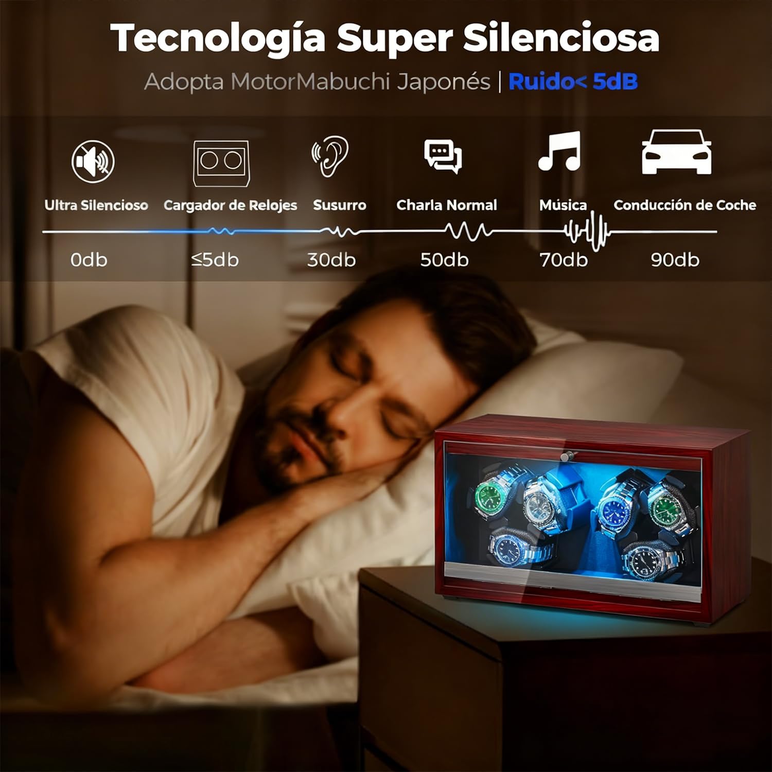 ANWBROAD Enrollador de reloj giratorio para 6 relojes con LED y motor súper silencioso, 4 modos de rotación, caja de bobinado, agitador con cable USB, regalo UJWW003Y