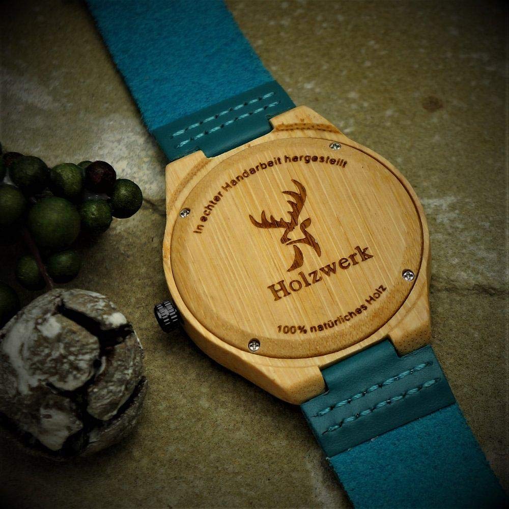 Holzwerk Germany Handgefertigte Designer Damen-Uhr Herren-Uhr Öko Natur Holz-Uhr Leder Armband-Uhr Analog Klassisch Quarz-Uhr in Blau Buche Türkis Schwarz