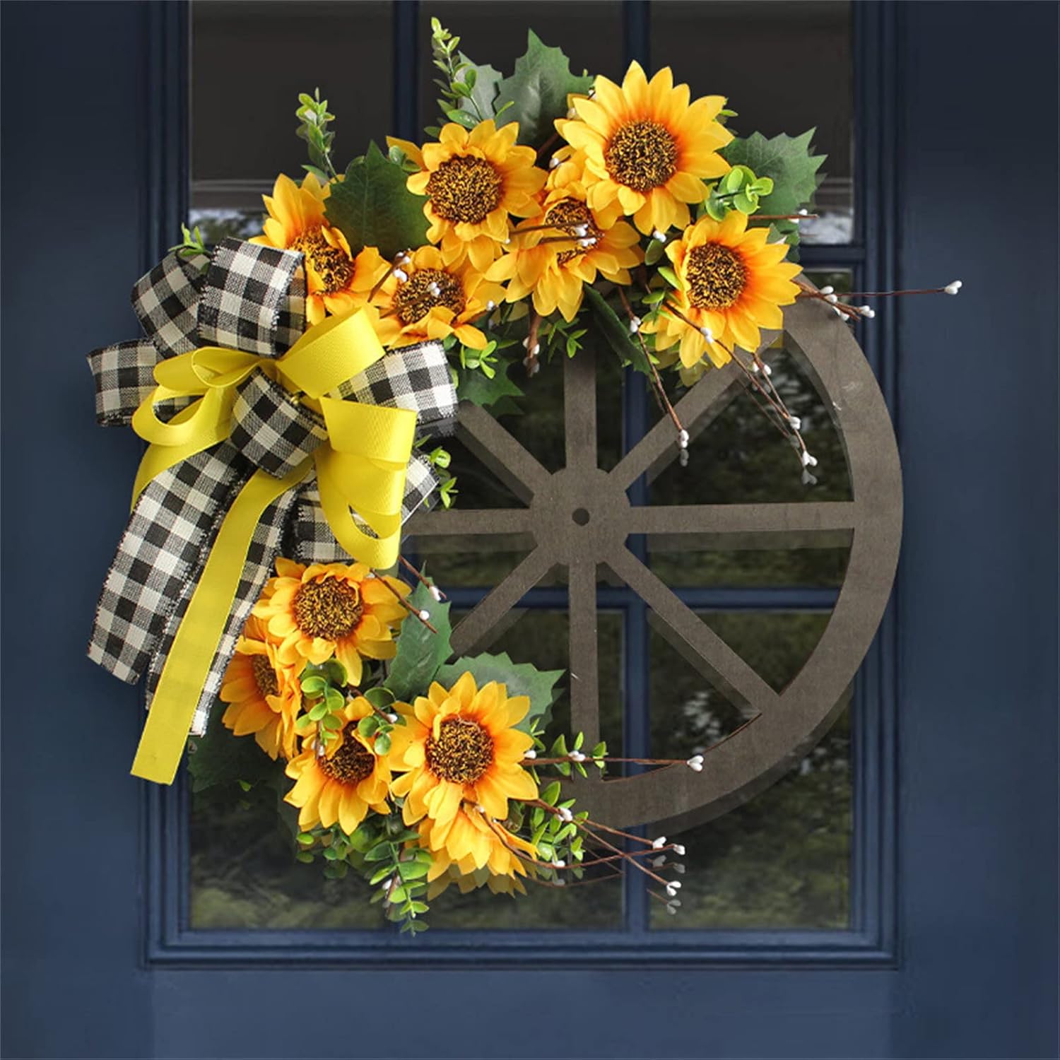 Sunflower Wreath Wagon Wheel Wreath 16 Inch Artificial Flower Summer Wreath with Double Handmade Bow Holiday Wall Home Porch Farmhouse Decor Outdoor Father's Day & Mother's Day Decorations