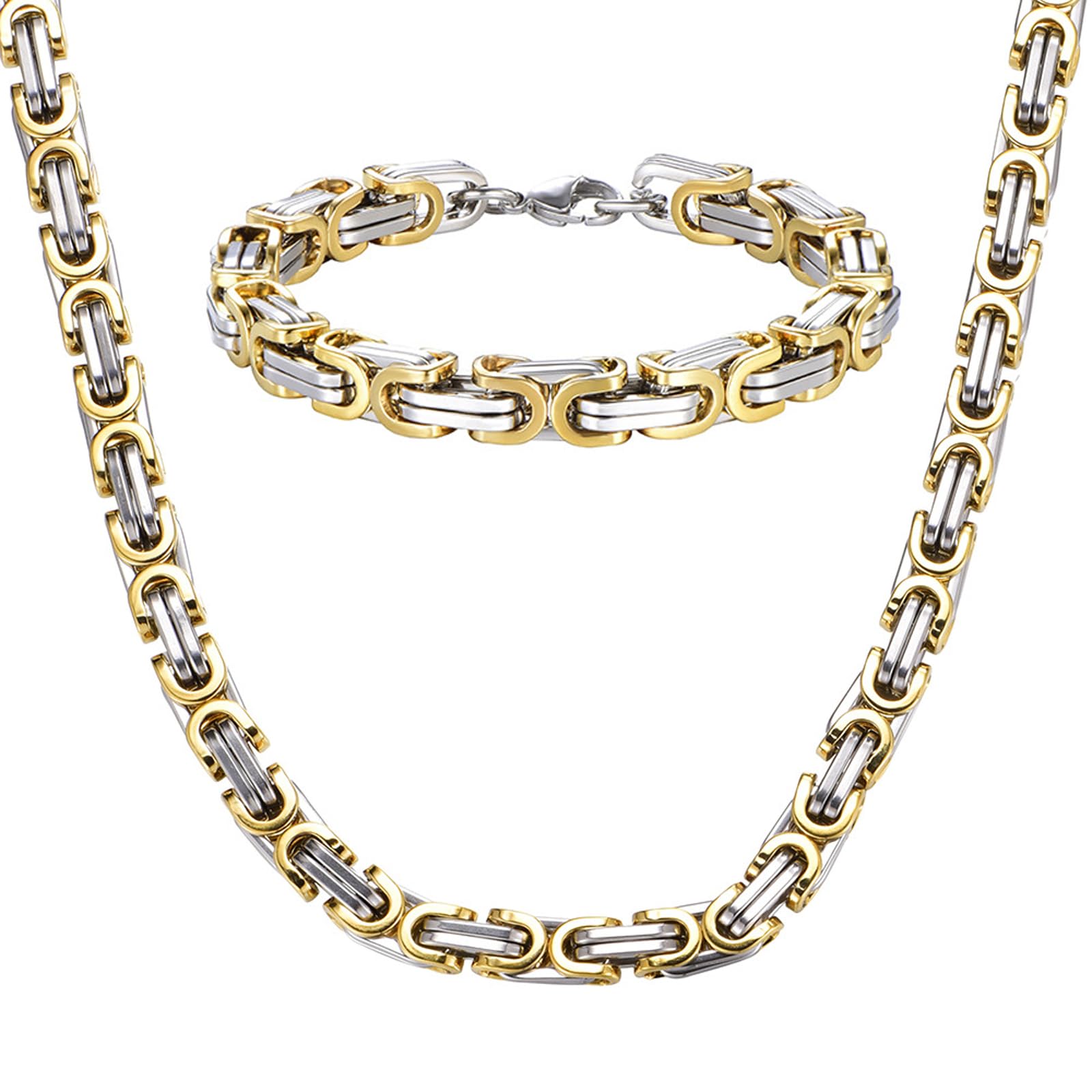 Ensemble collier et bracelet pour homme, collier en acier inoxydable, largeur de la chaîne : 6 mm, fait à la main, couleurs or et acier, Acier inoxydable, Pas de gemme